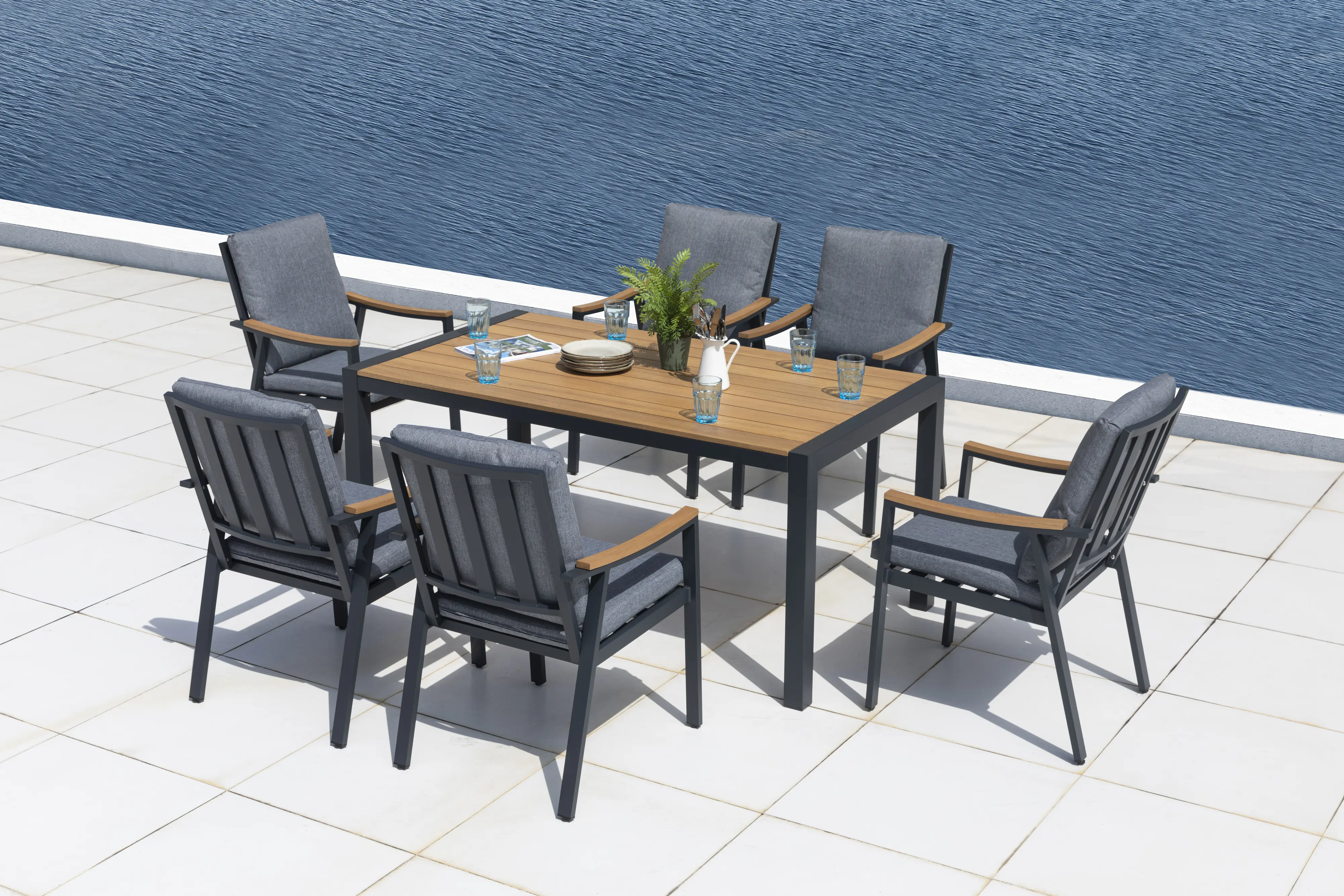 Primaster Dining Möbelset Eukalyptus Shanghai 7-teilig mit Tisch und Stühlen