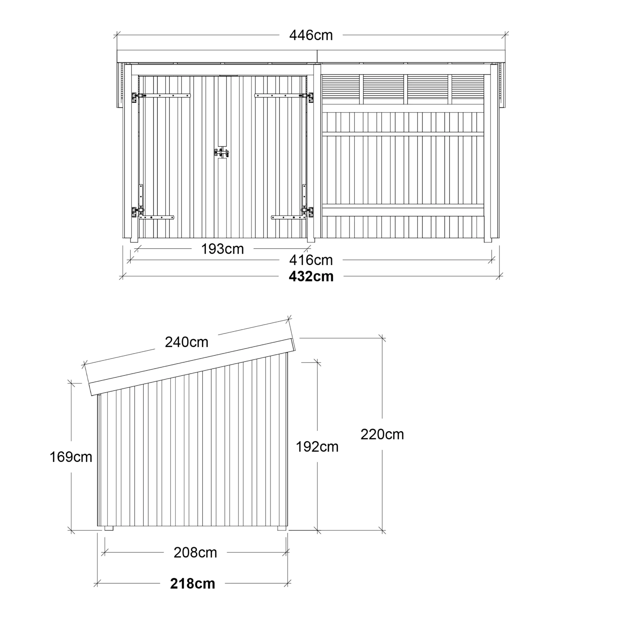 Plus Gartenhaus Nordic Multi 416 x 208 cm natur mit Doppeltür, offen, Dachpappe