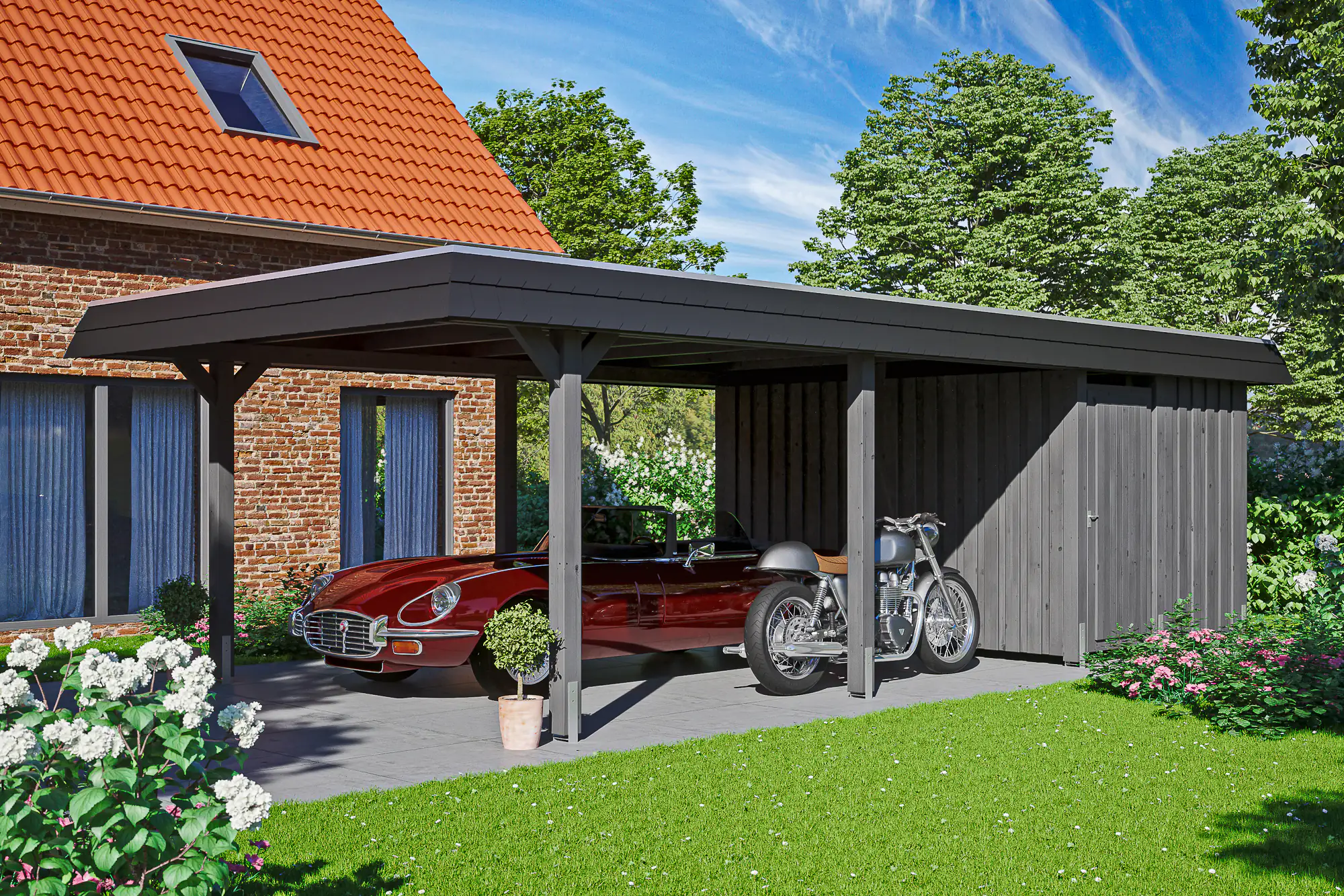 SKAN HOLZ Carport Wendland mit Abstellraum 409 x 870 cm mit EPDM-Dach