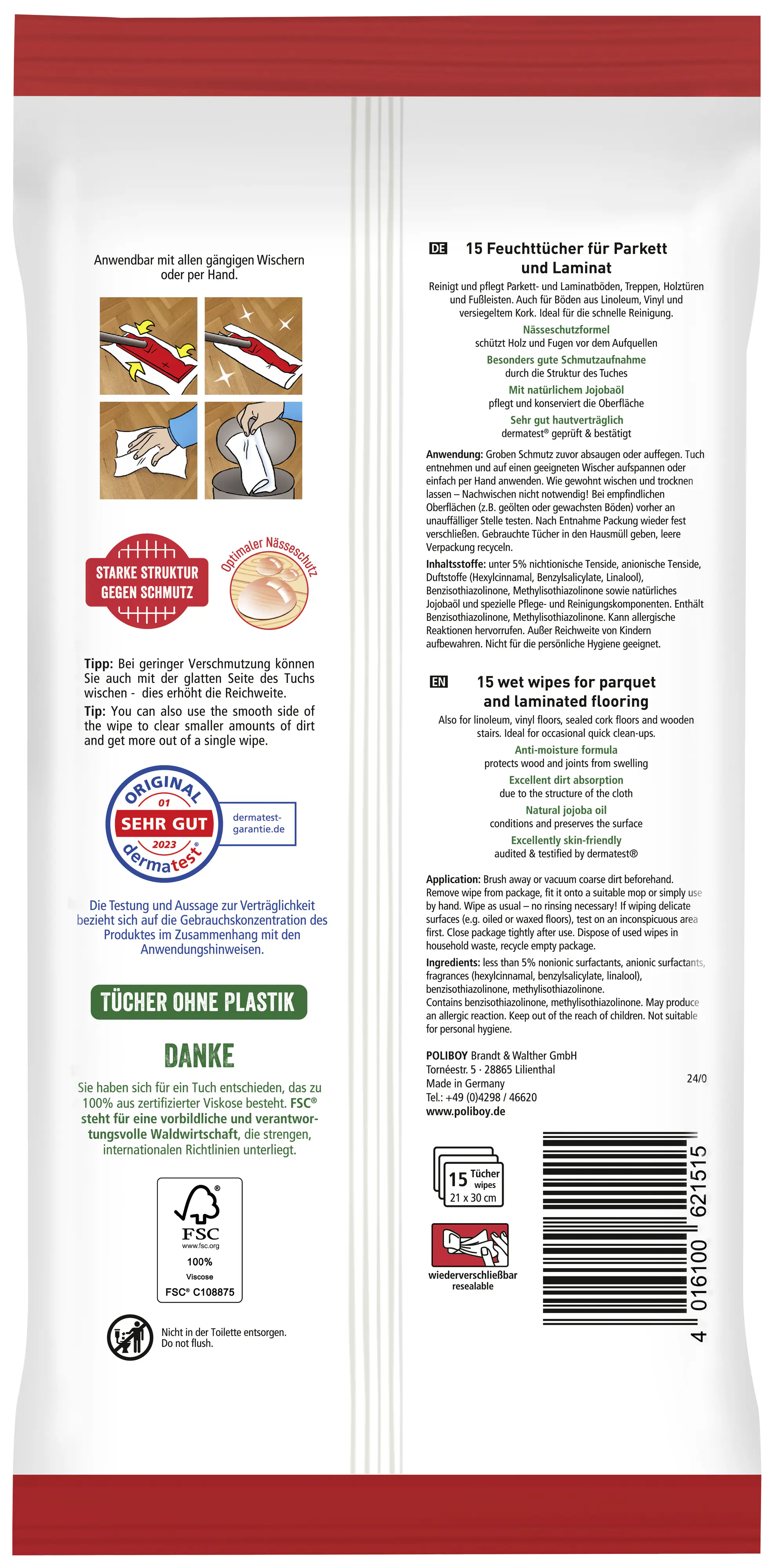 Poliboy Feuchttücher für Parkett 15 Stück