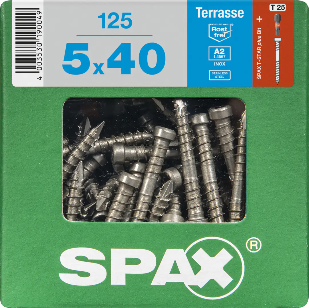 Spax Terrassenschrauben 5.0 x 40 mm TX 25 - 125 Stk. Spax Terrassenschrauben 5.0 x 40 mm TX 25 - 125 Stk.