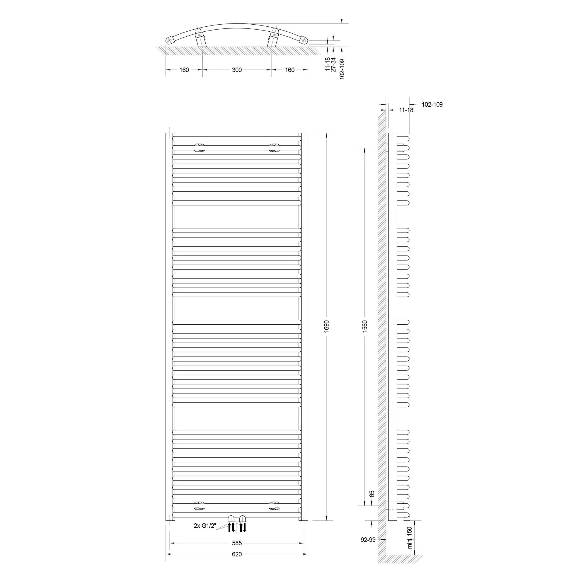 Schulte Badheizkörper 169 x 62 cm weiß 942 Watt Anschluss mittig