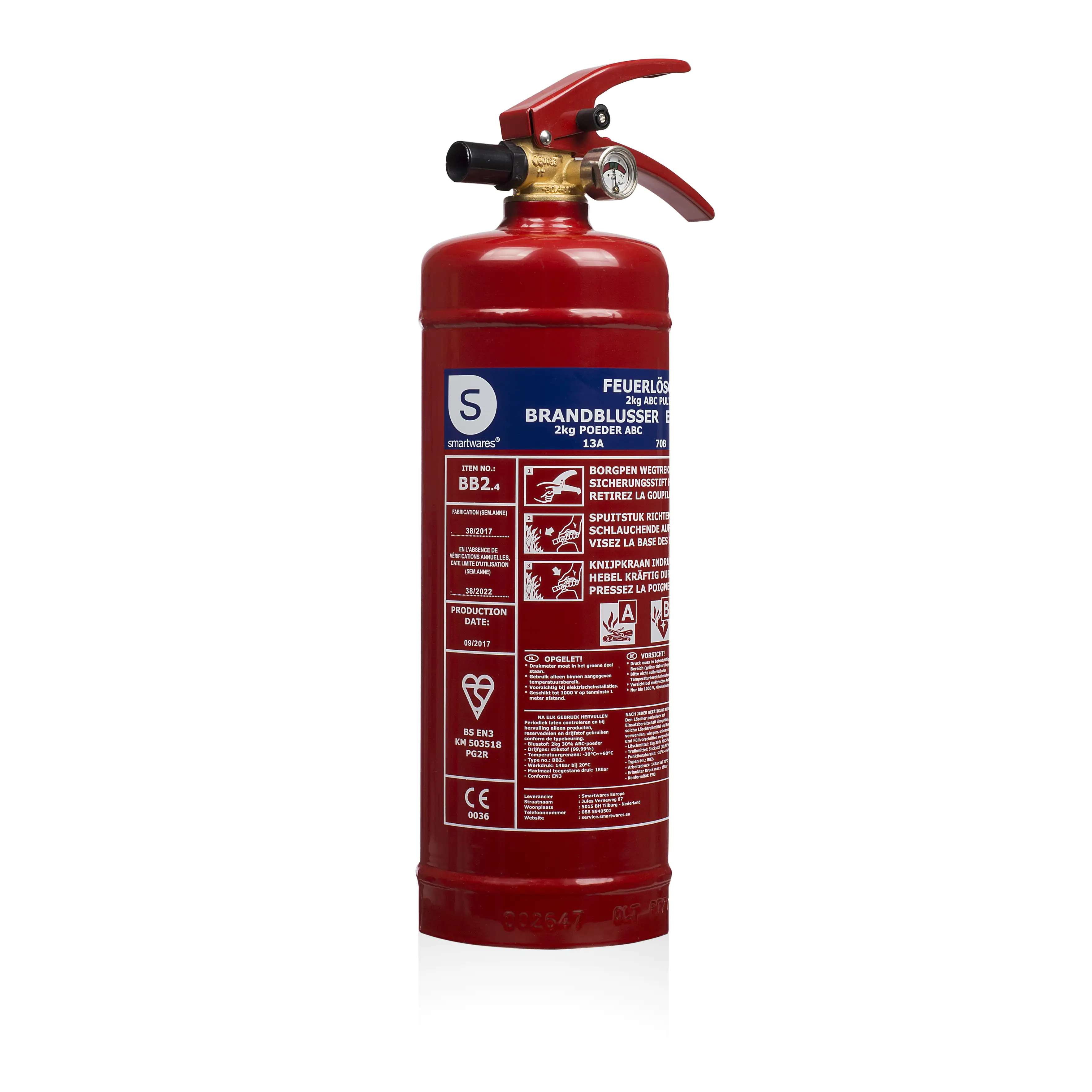 8711658469539 Smartwares Feuerlöscher BB2 2 kg - für AB Brände, mit Halterung Manometer