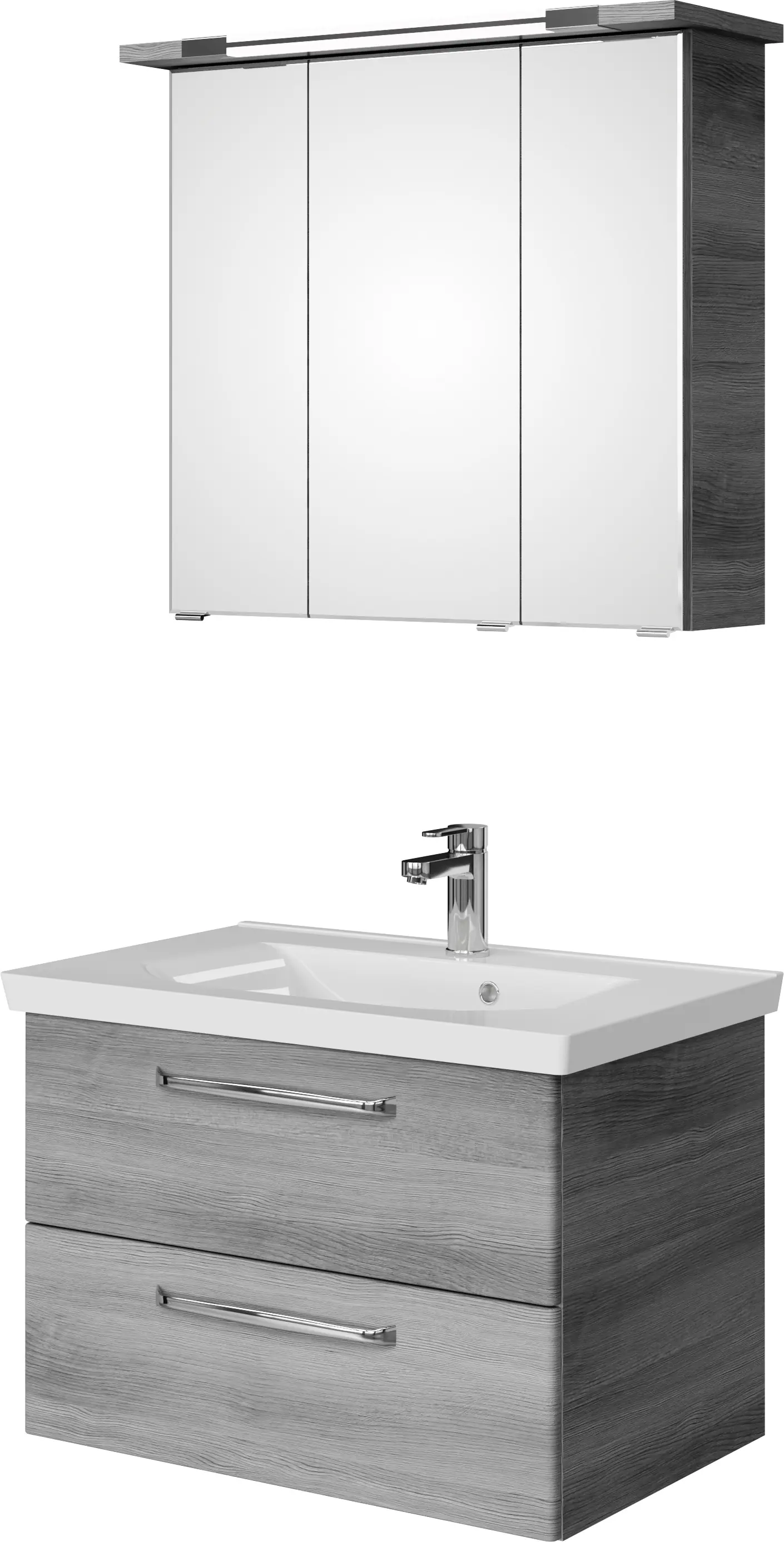 Pelipal Badmöbel-Set Trentino Graphit Struktur quer mit Mineralmarmor-Waschtisch+Kranz-Leuchte 80 cm