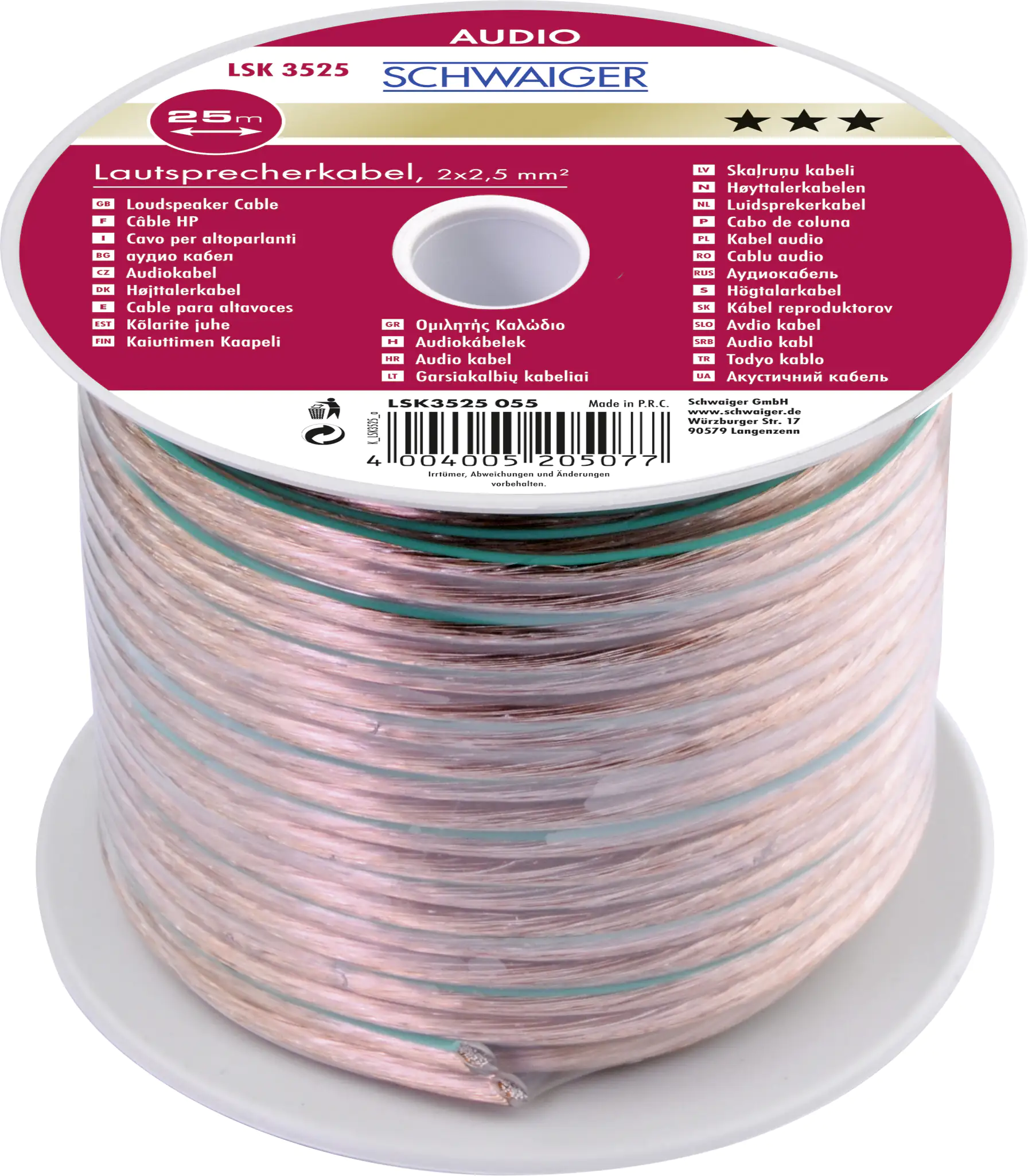 4004005205077_1214810 Schwaiger Lautsprecherkabel LSK3525 055 transparent, 25m, 2x 2,5mm², unkonfektioniert