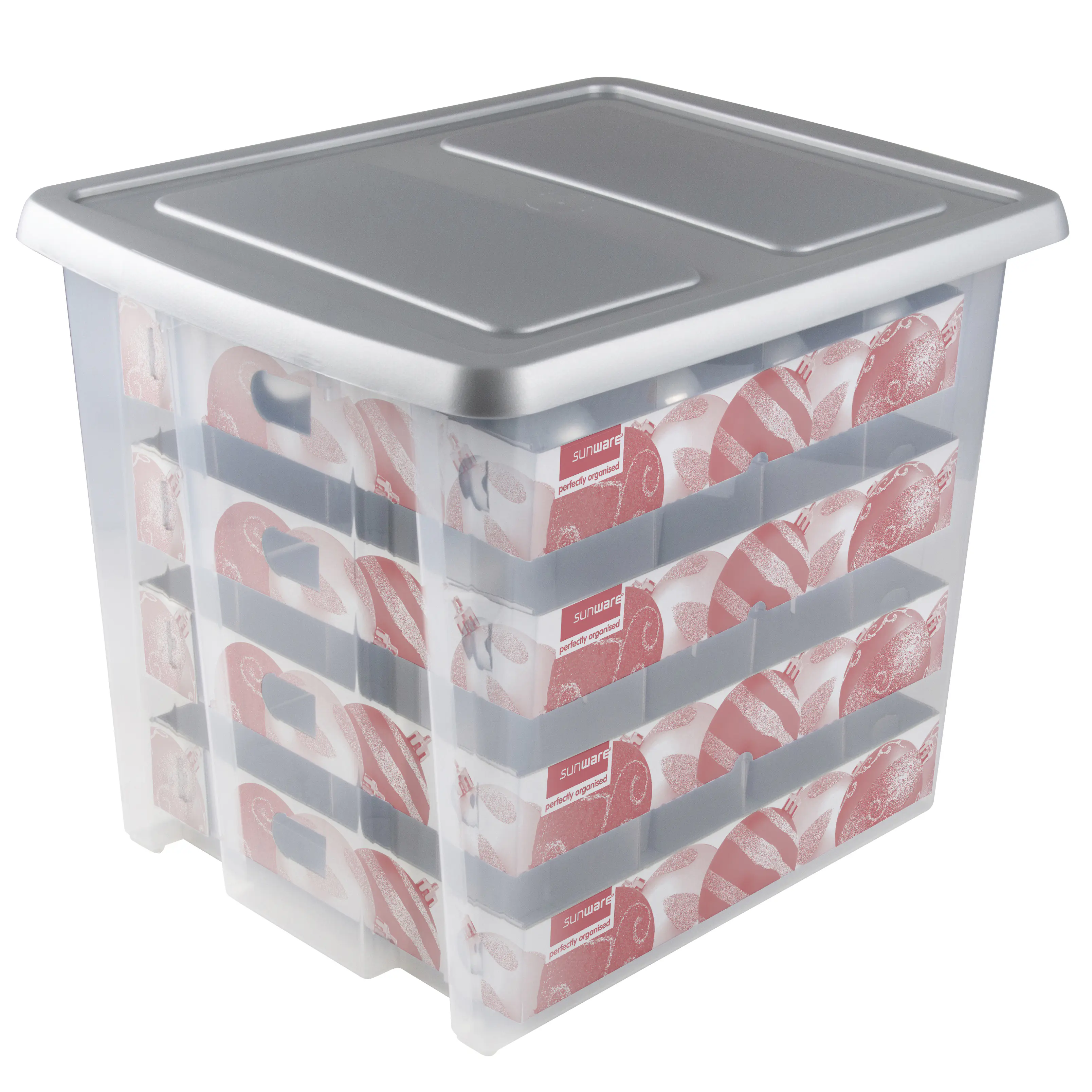 Sunware Weihnachtsbox Nesta 45L mit Einsatz für 64 Kugeln transparent grau