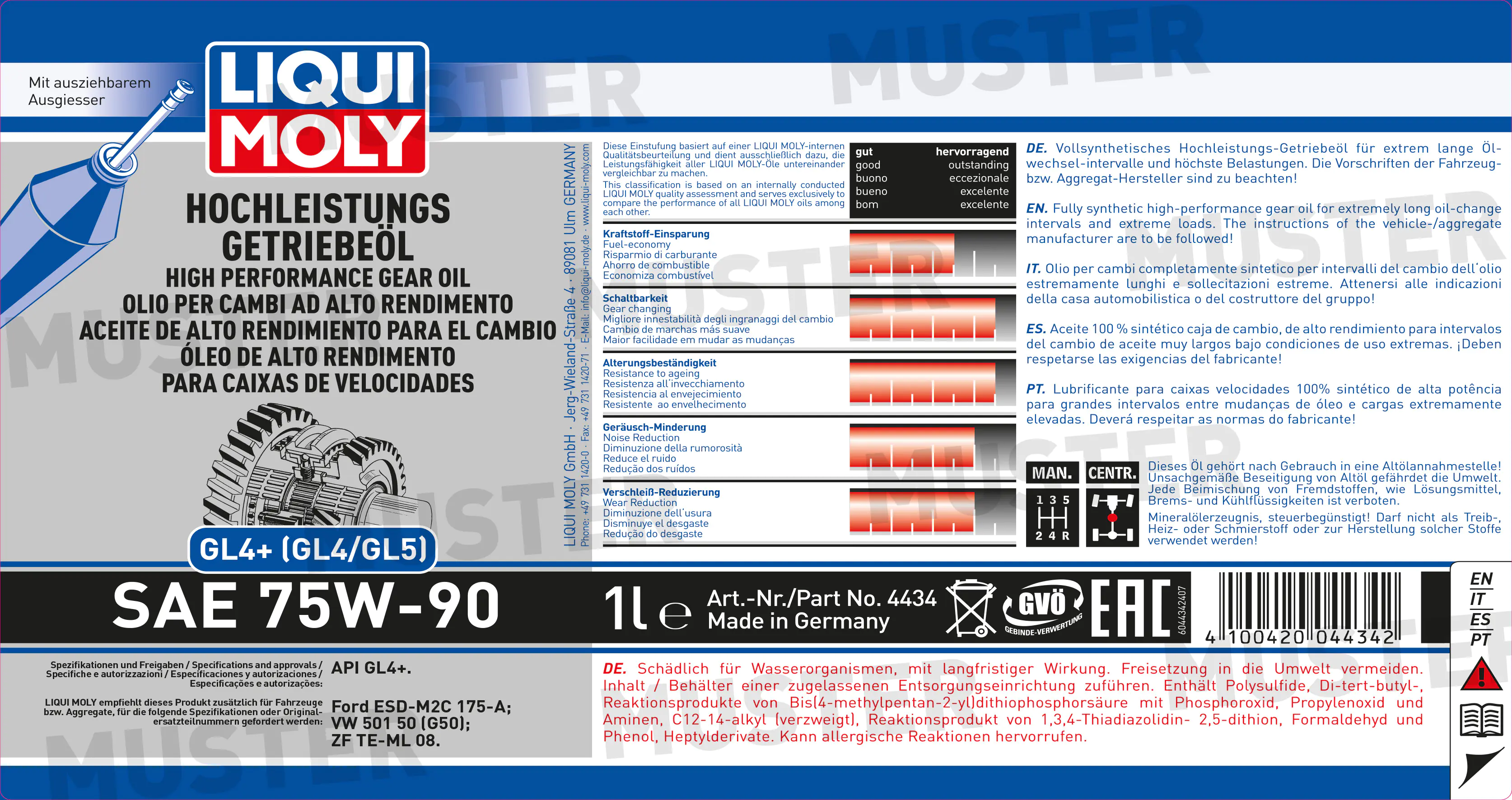 Liqui Moly Hochleistungs-Getriebeöl GL4+ (GL4/GL5) SAE 75W-90 1 L Liqui Moly Hochleistungs-Getriebeöl GL4+ (GL4/GL5) SAE 75W-90 1 L