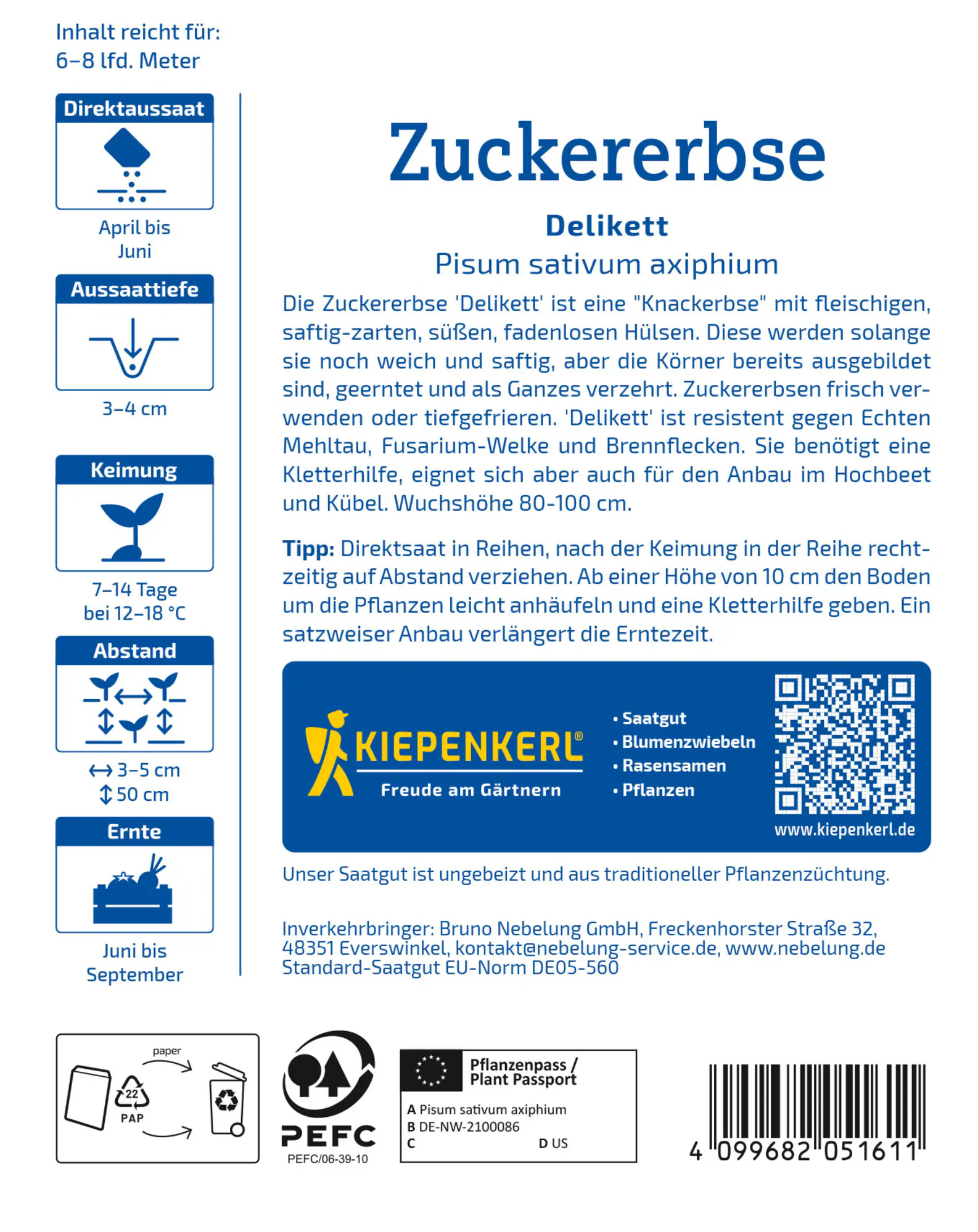 Kiepenkerl Profi-Line Saatgut Zuckererbsen Delikett für ca. 2,4 – 4 m²