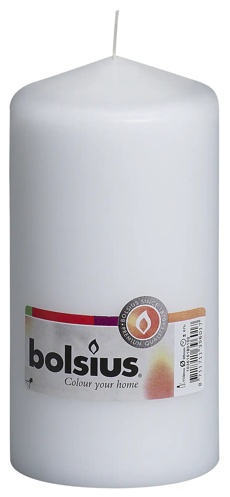 Bolsius Stumpenkerze weiß, Höhe 15 cm, Ø 7,8 cm