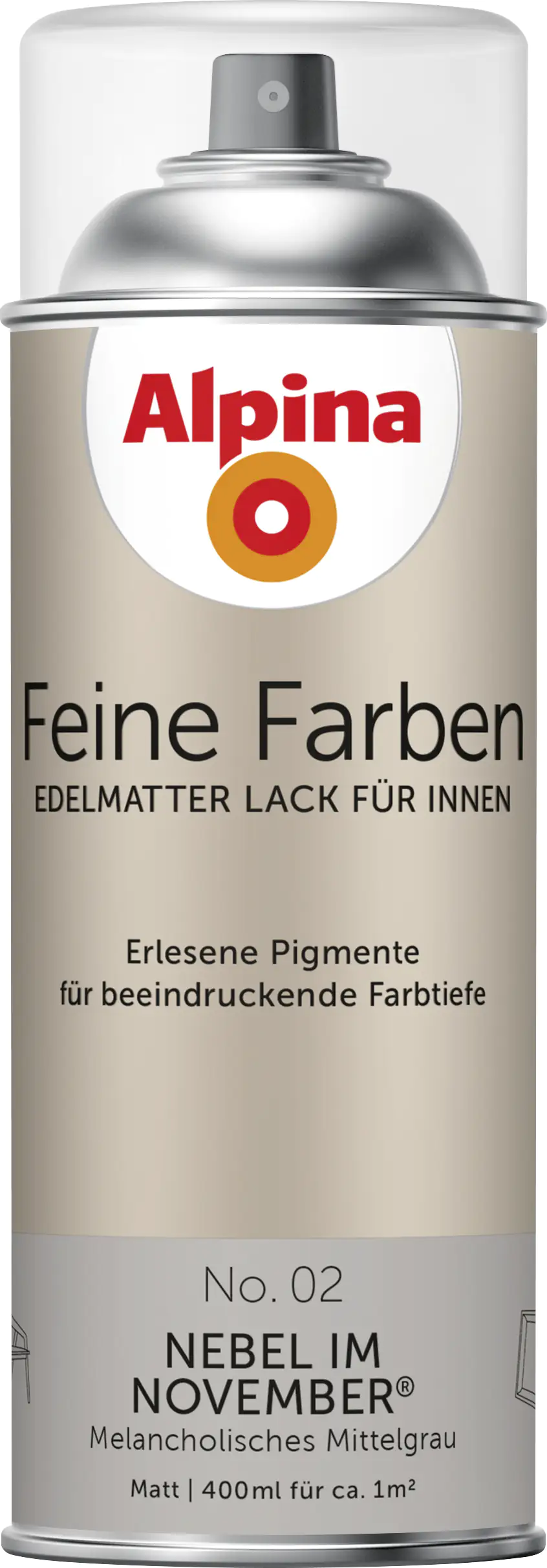 4001244764501 Alpina Feine Farben Sprühlack No. 02 Nebel im November  mittelgrau edelmatt 400 ml