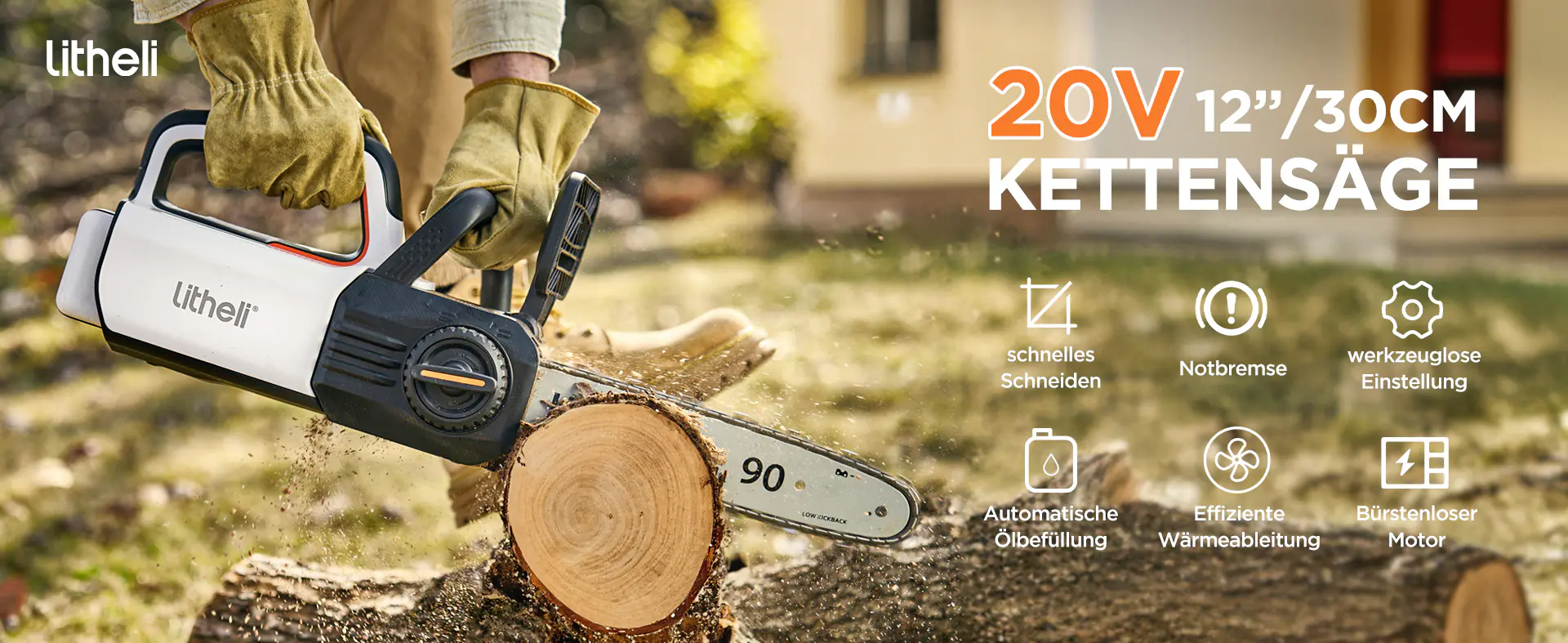 Litheli Akku-Kettensäge 20, 20 V, 2 Ah, Li-Ionen, 2 Akkus, Schwertlänge: 30 cm