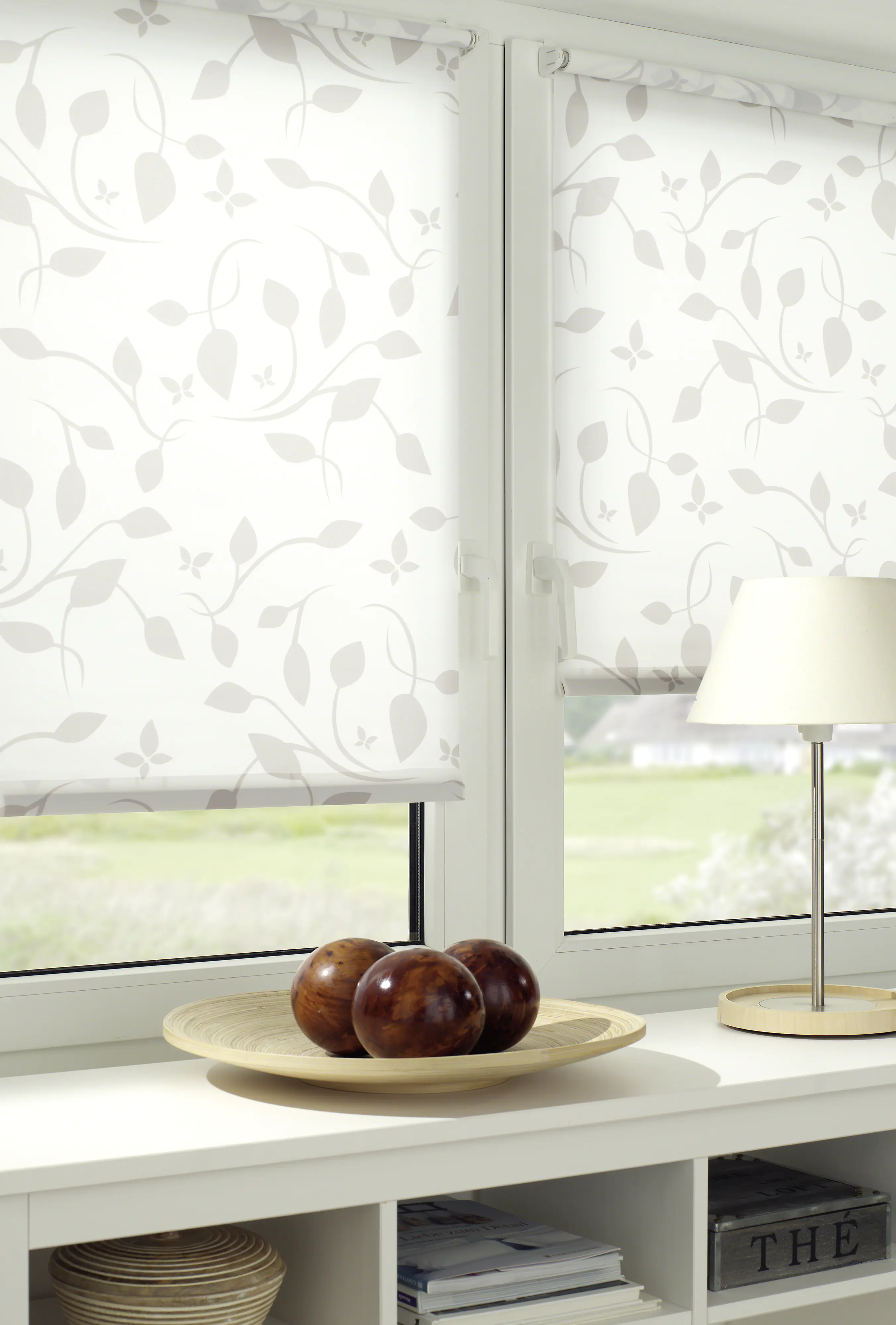 Gardinia EasyFix Rollo mit Blättern weiß beige 60 x 150 cm