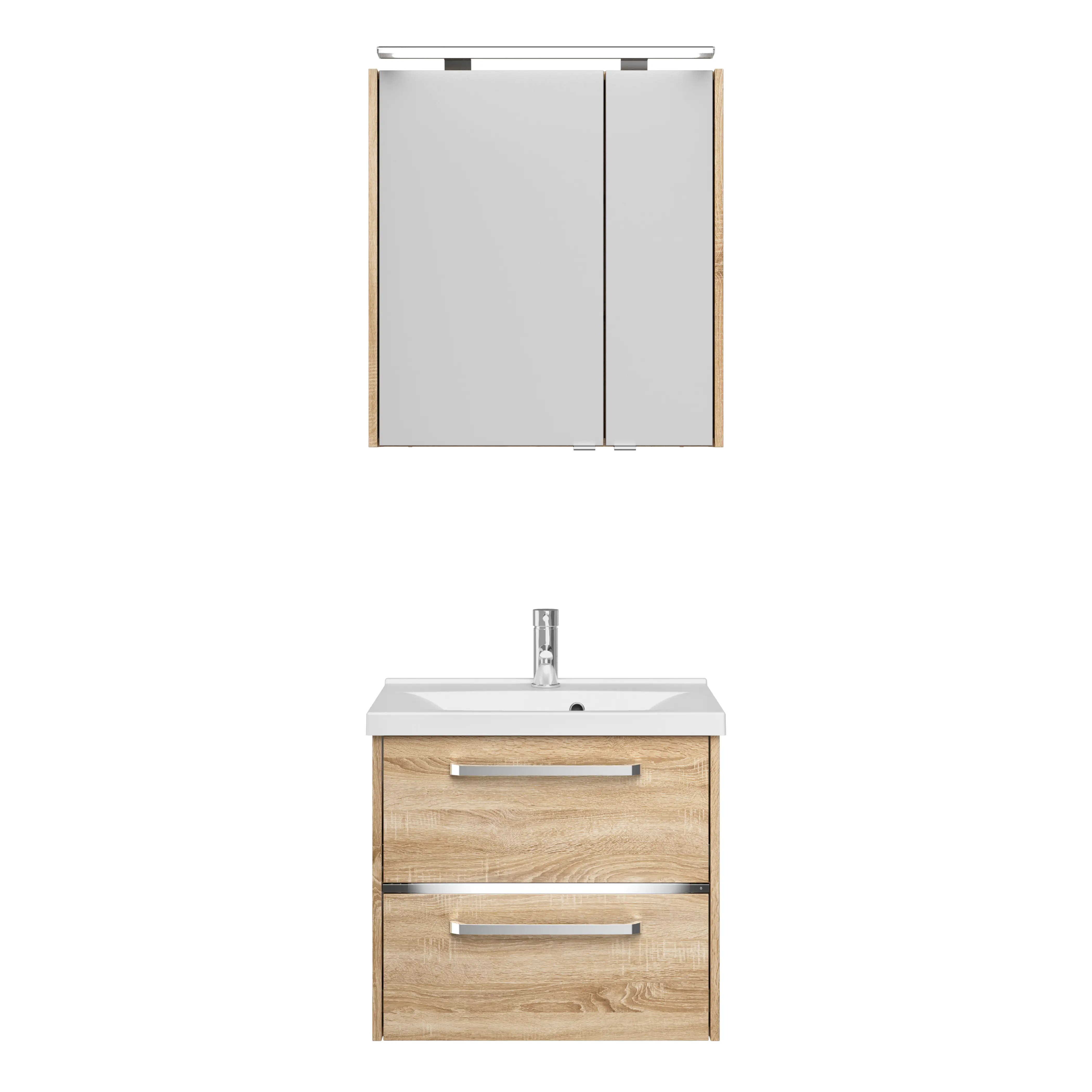 Primaster Badmöbelset Berlin eiche 65 cm LED-Leuchten, Mineralgusswaschtisch