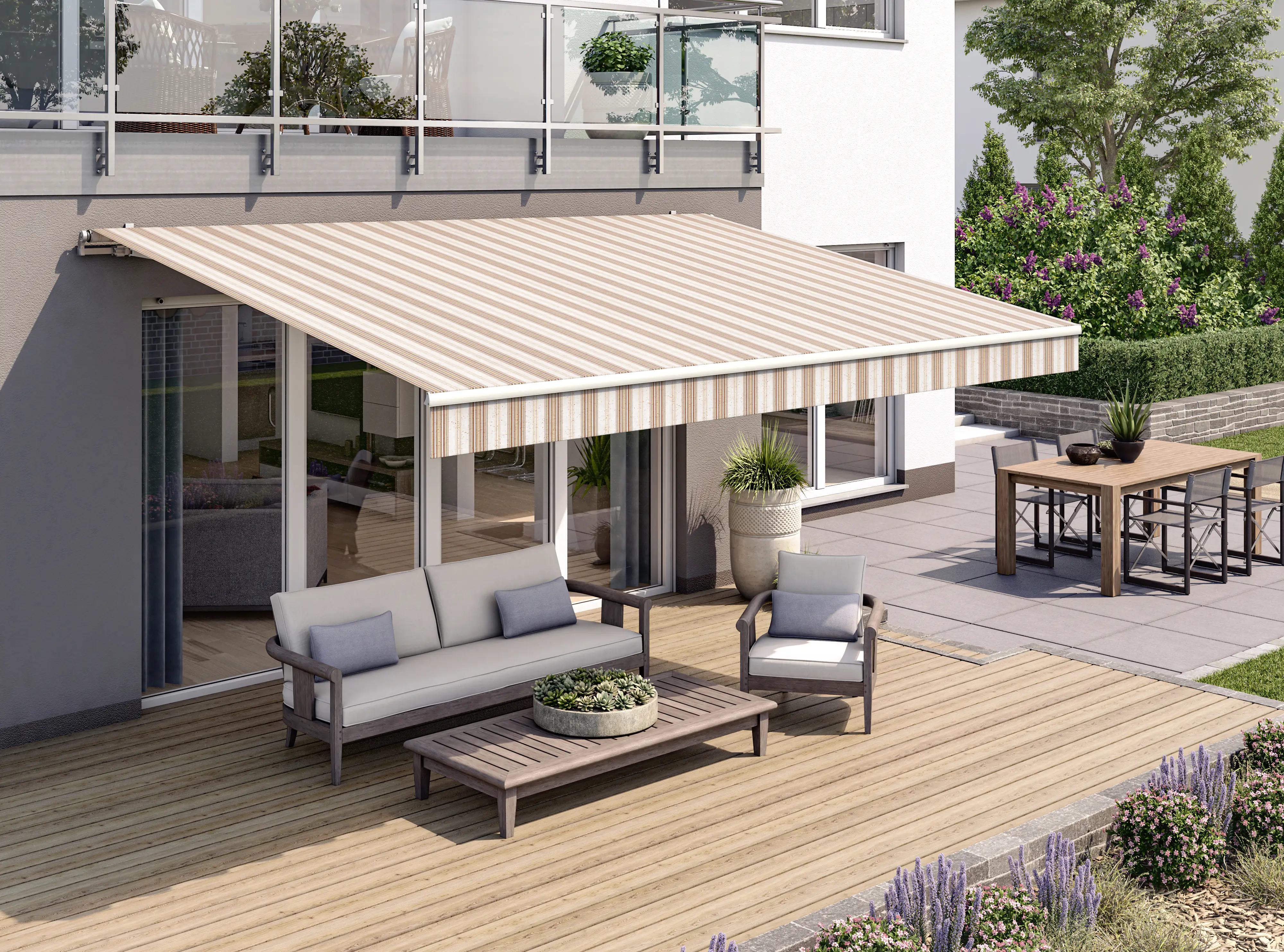 Gelenkarmmarkise Classic braun-beige gestreift inkl. Motor, Handsender, Solar Panel Gelenkarmmarkise Classic braun-beige gestreift inkl. Motor, Handsender, Solar Panel