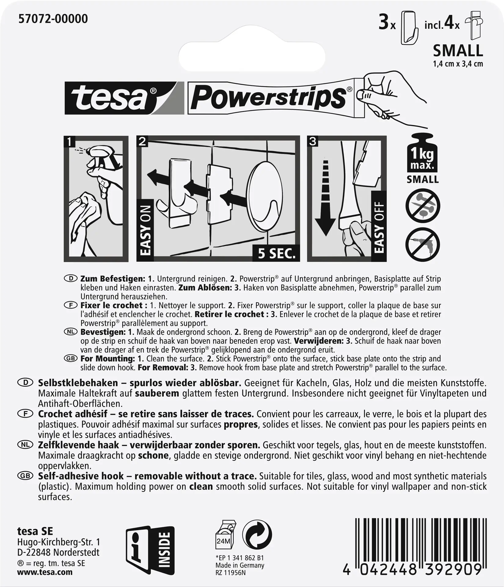 tesa Powerstrips Haken Small rechteckig, weiß, 3 Haken