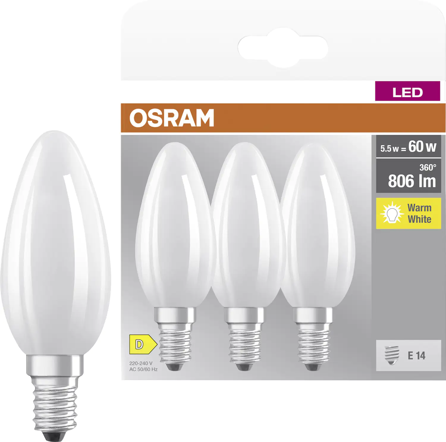 Osram LED Kerzenlampe E14 5,5 W warmweiß weiß matt