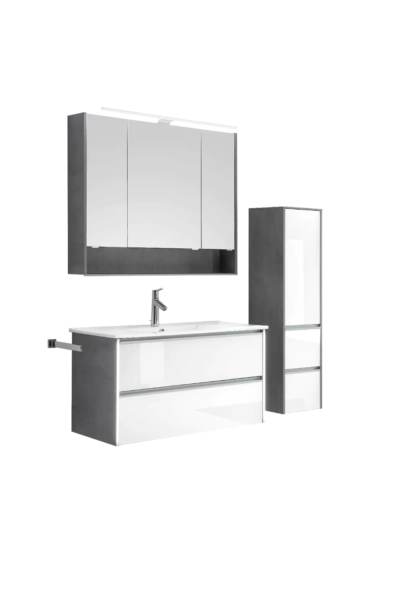 Pelipal Badmöbel-Set 6040 Gals Weiß/Oxid Dunkelgrau mit Keramik-Waschtisch + Midischrank 134 cm