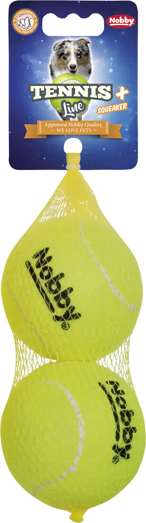 Nobby Tennisball mit Squeaker L 8,5 cm 2er Netz Nobby Tennisball mit Squeaker L 8,5 cm 2er Netz