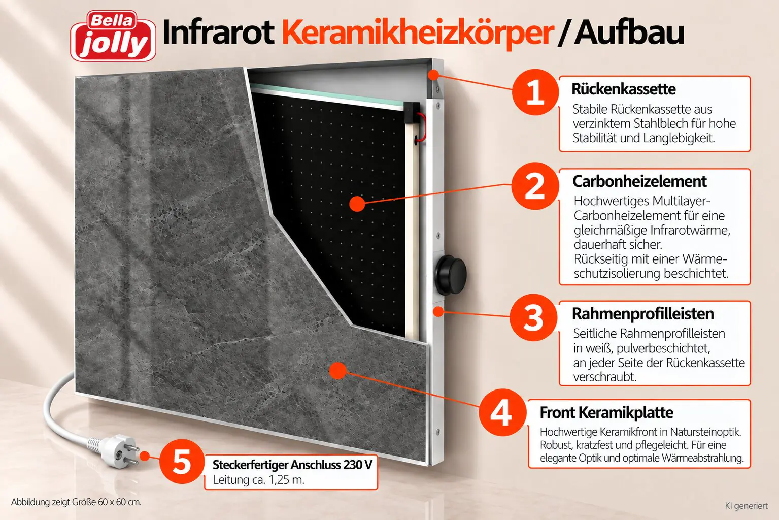 Bella Jolly Infrarot Keramikheizkörper 60 x 60 cm 440 Watt natursteinoptik