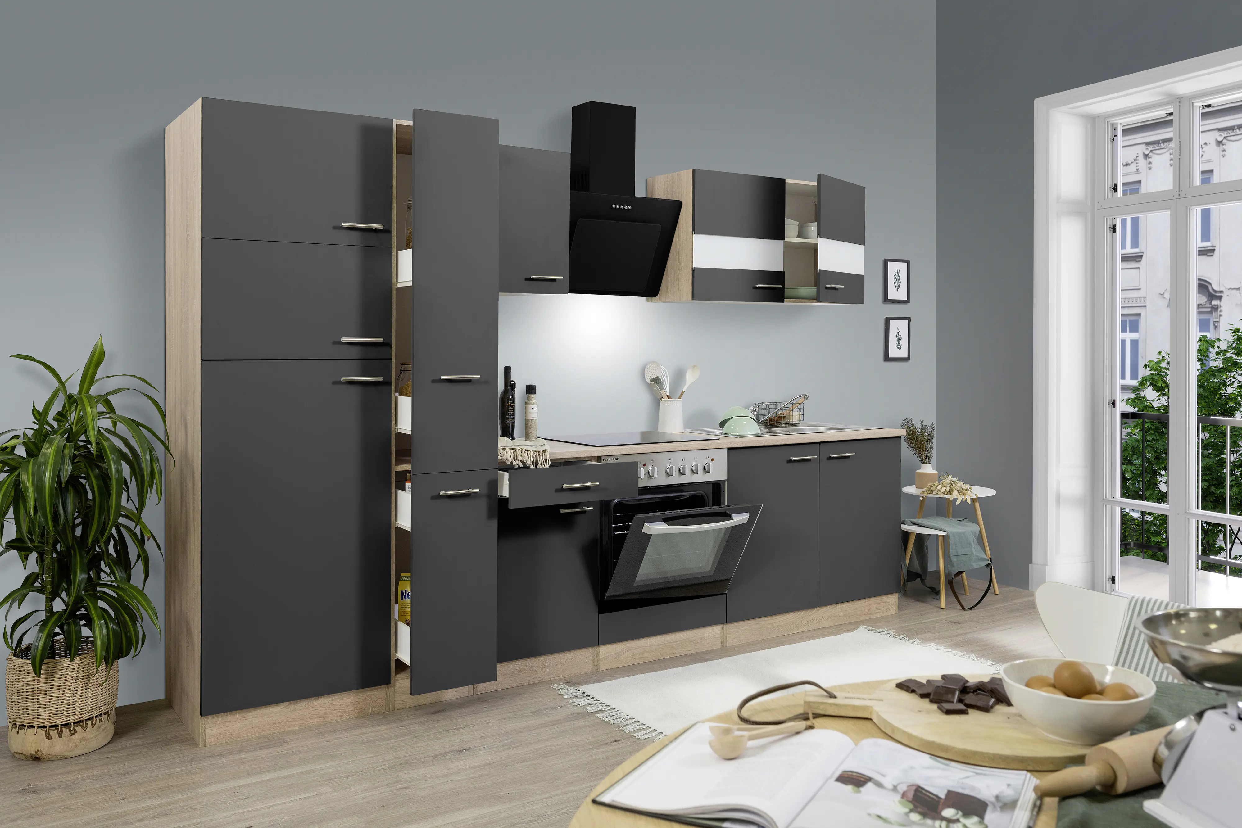 Respekta Economy Küchenblock 300 cm grau, Eiche Sonoma, KB300ESGCGKE