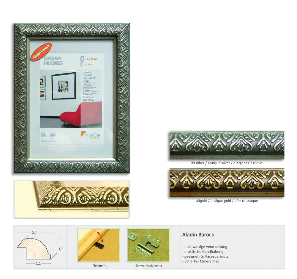 Holz Bilderrahmen Alladin Barock silber, 13 x 18 cm