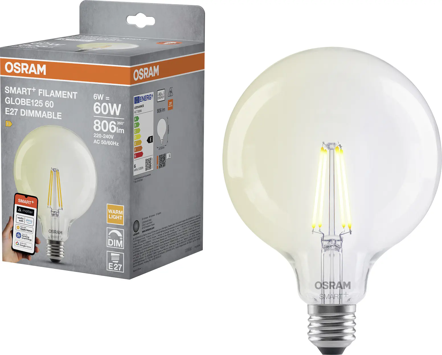 Osram SMART+ Matter Leuchtmittel E27 Globe 6W dimmbar warmweiß