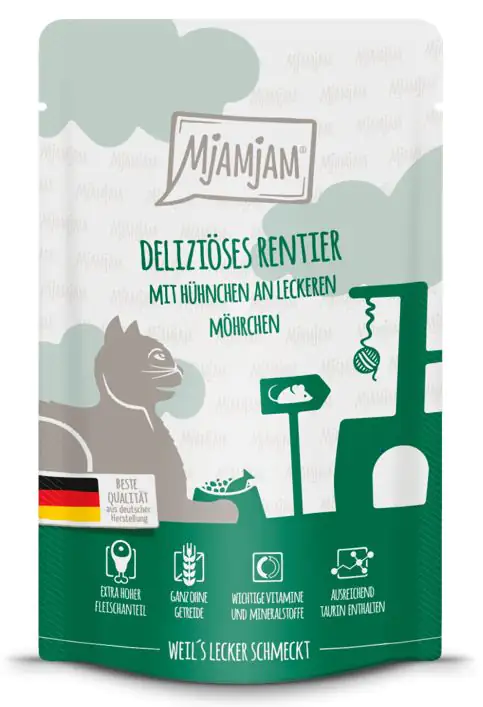MjAMjAM Adult Rentier mit  Hühnchen an Möhrchen Katzenfutter 125g