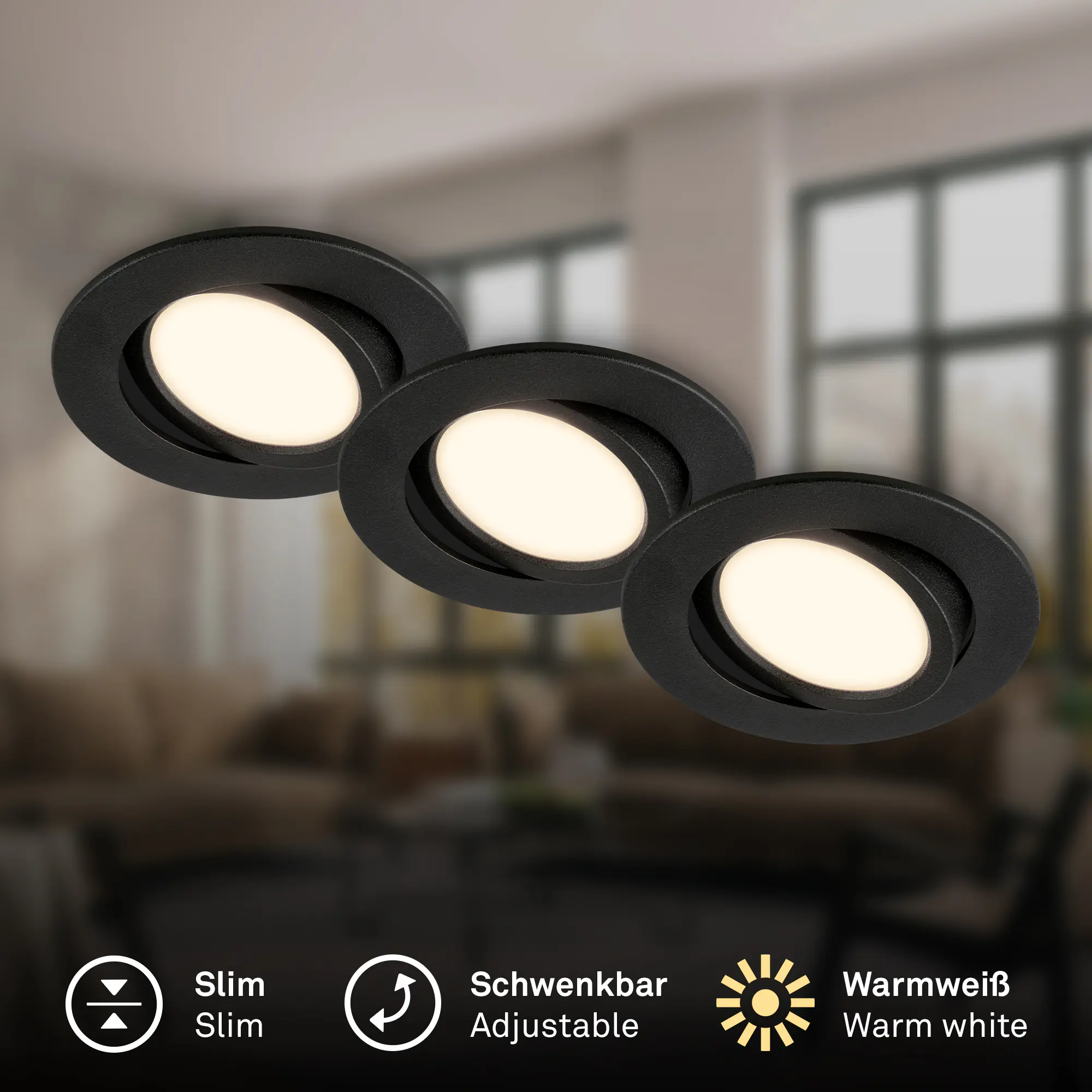 Briloner 3er Set LED Einbauleuchten Piwo schwarz Ø 8 cm