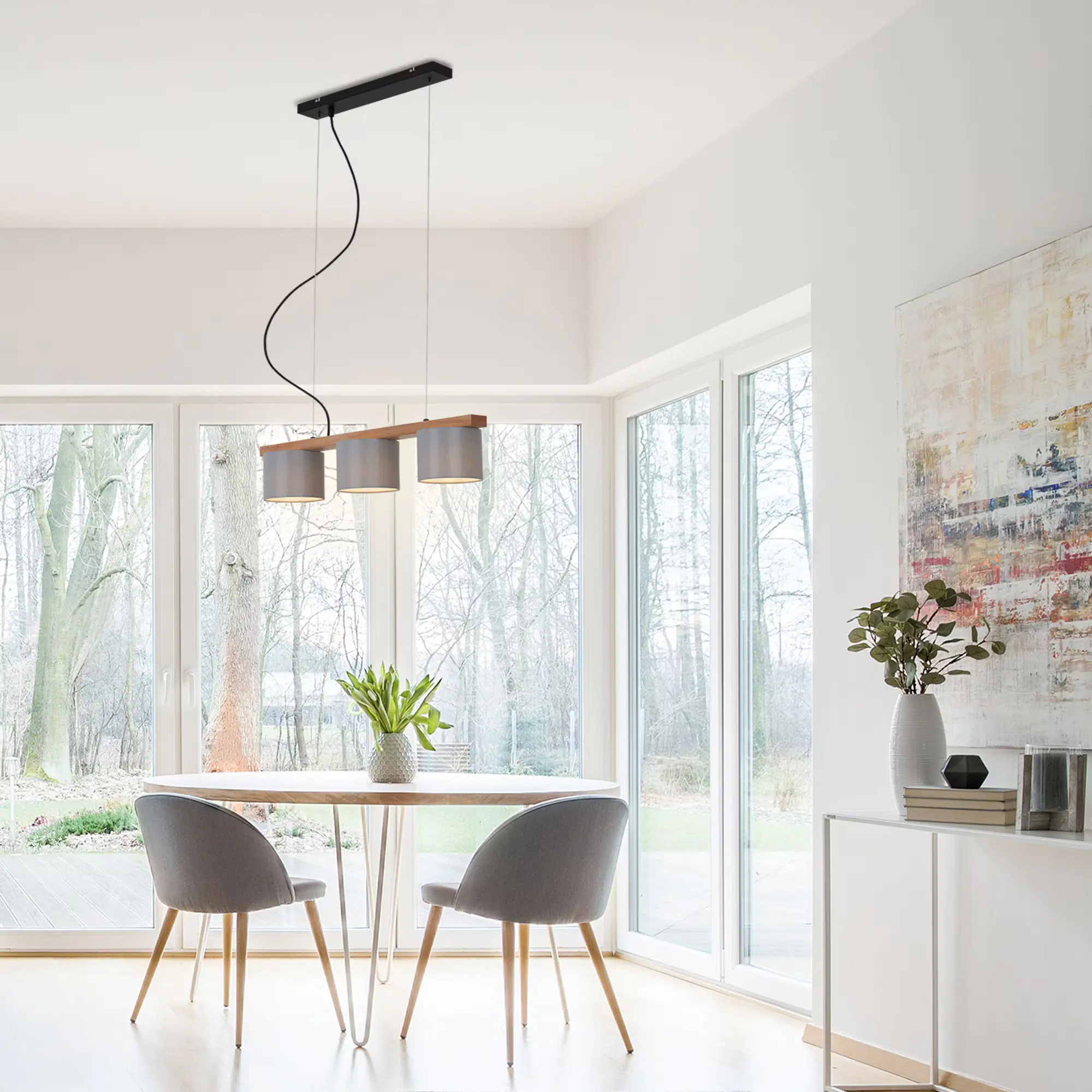 Briloner Pendelleuchte grau mit Holz Stoff 3xE14 exklusive Briloner Pendelleuchte grau mit Holz Stoff 3xE14 exklusive