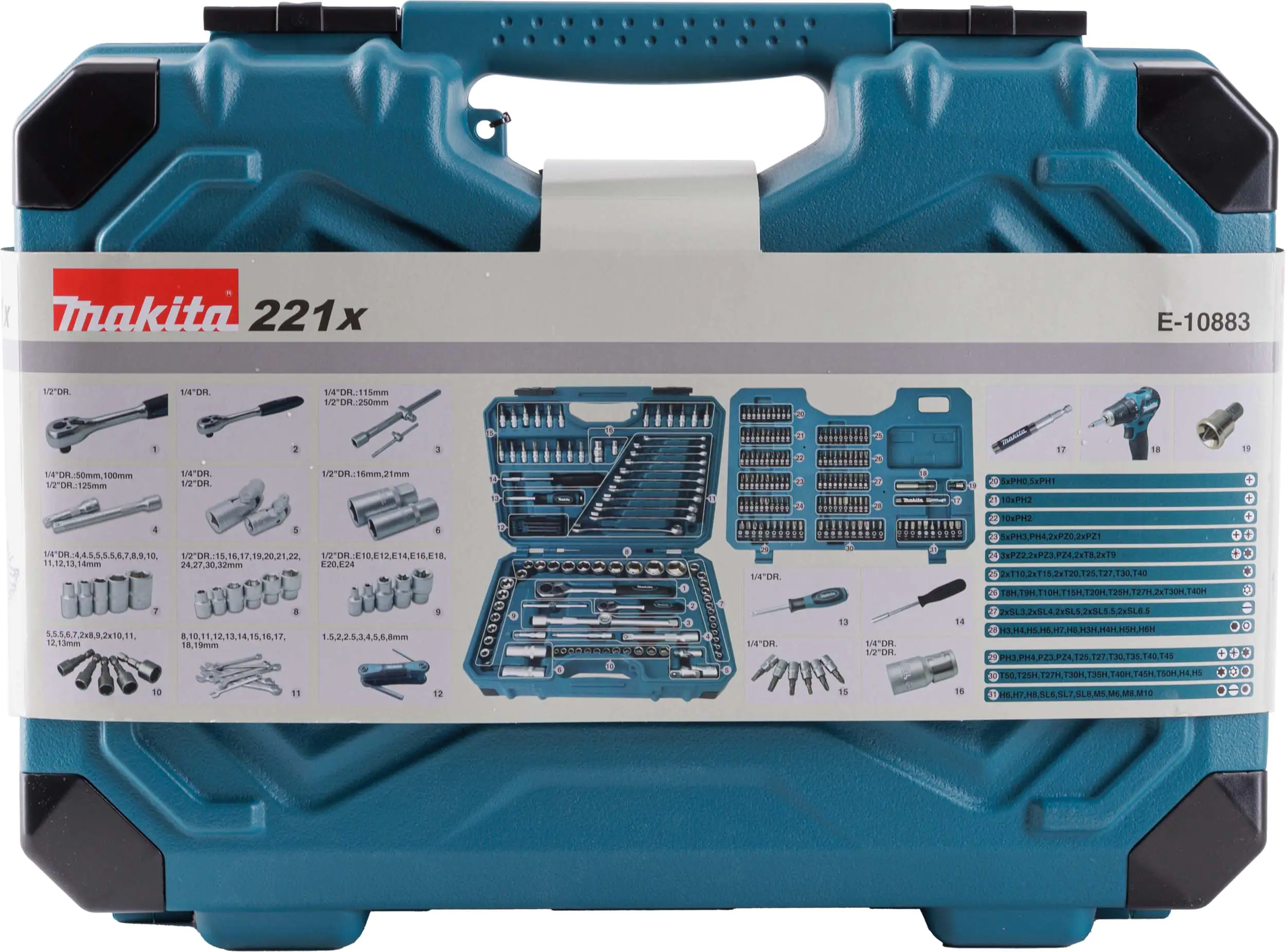 Makita Werkzeugkoffer E-10883 221-teilig 1/4" + 1/2" Makita Werkzeugkoffer E-10883 221-teilig 1/4" + 1/2"