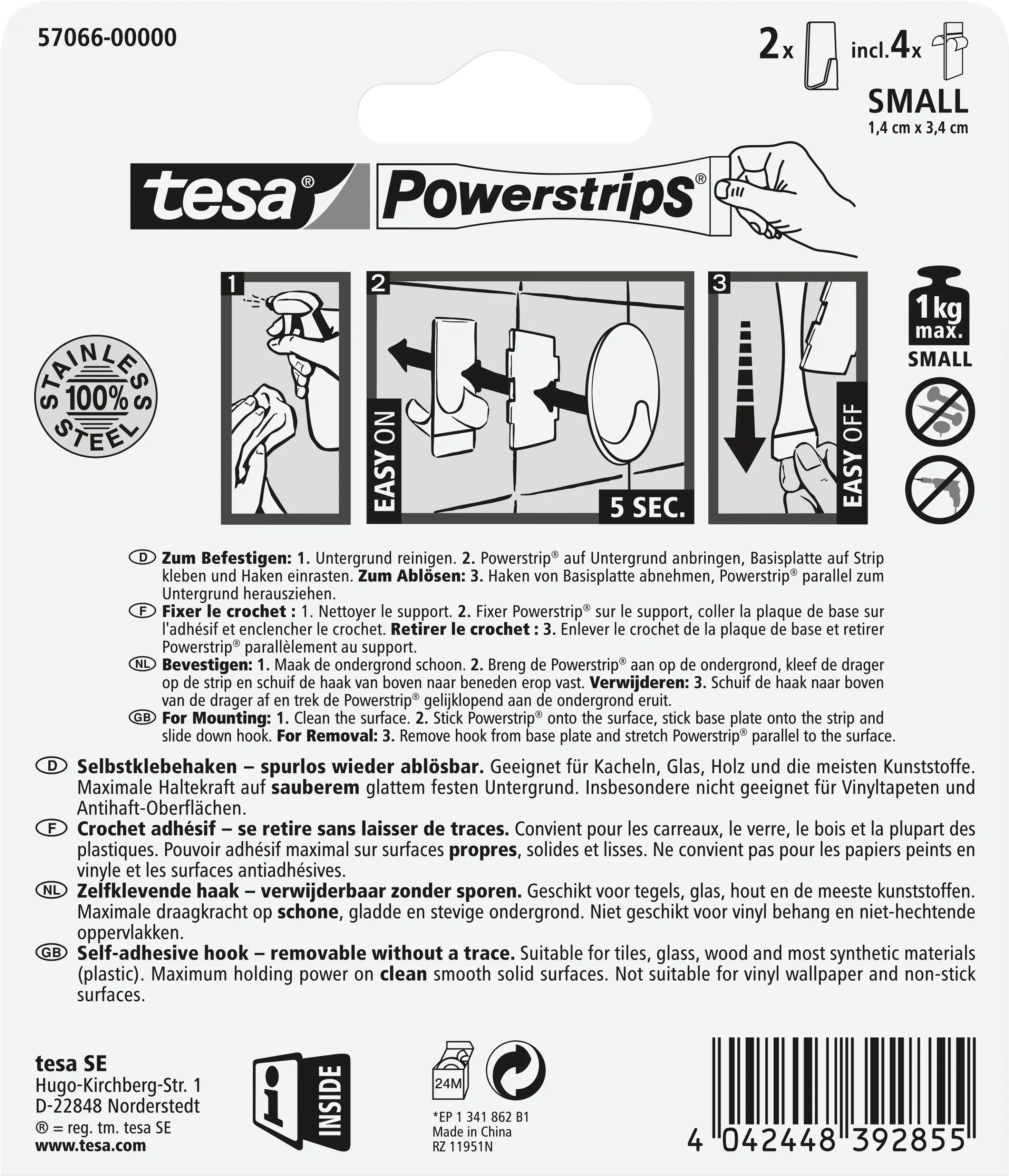 tesa Powerstrips Haken Small rechteckig, Edelstahl