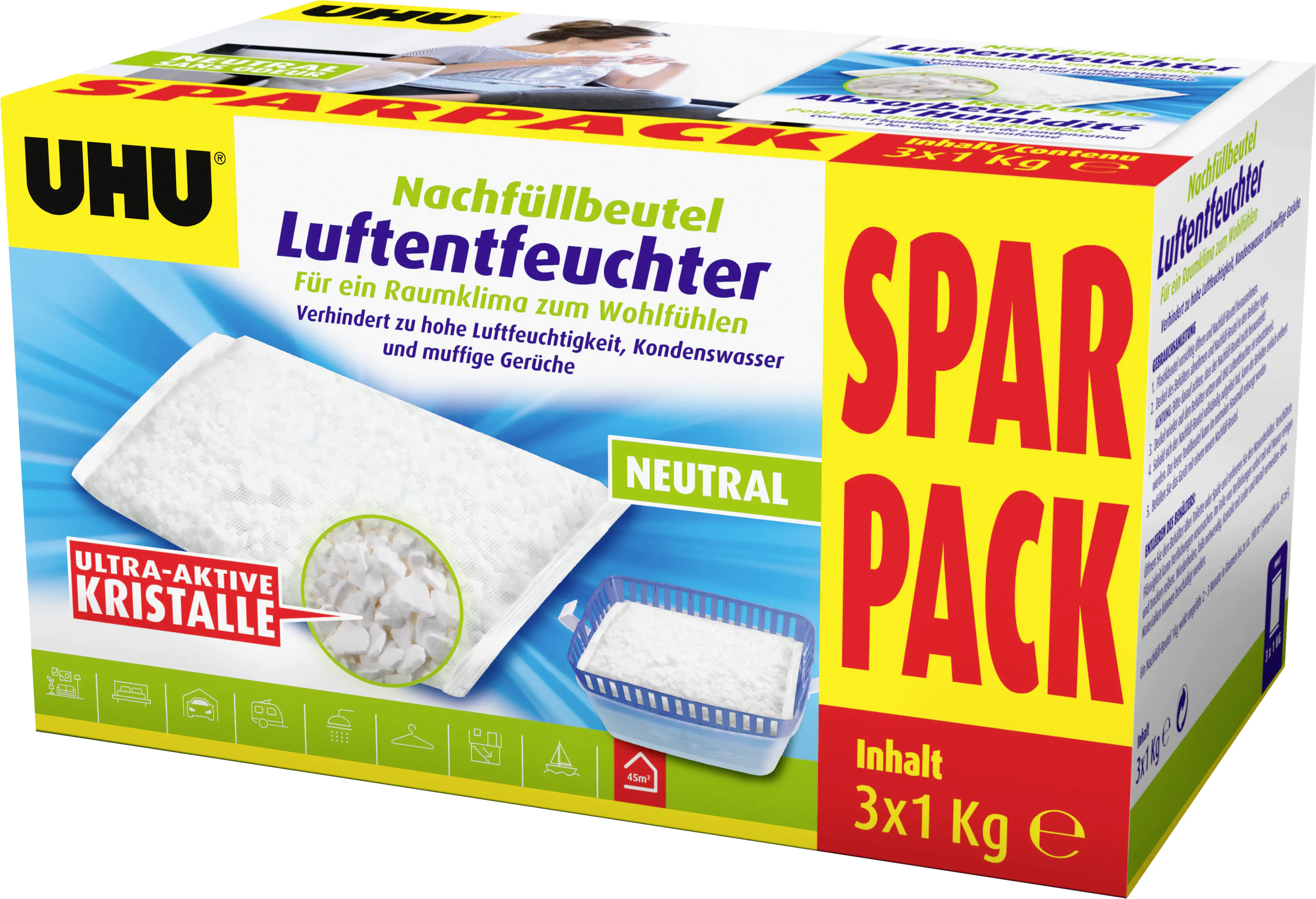 UHU Luftentfeuchter Nachfüllbeutel Sparpack, 3 x 1000 g Sparpack
