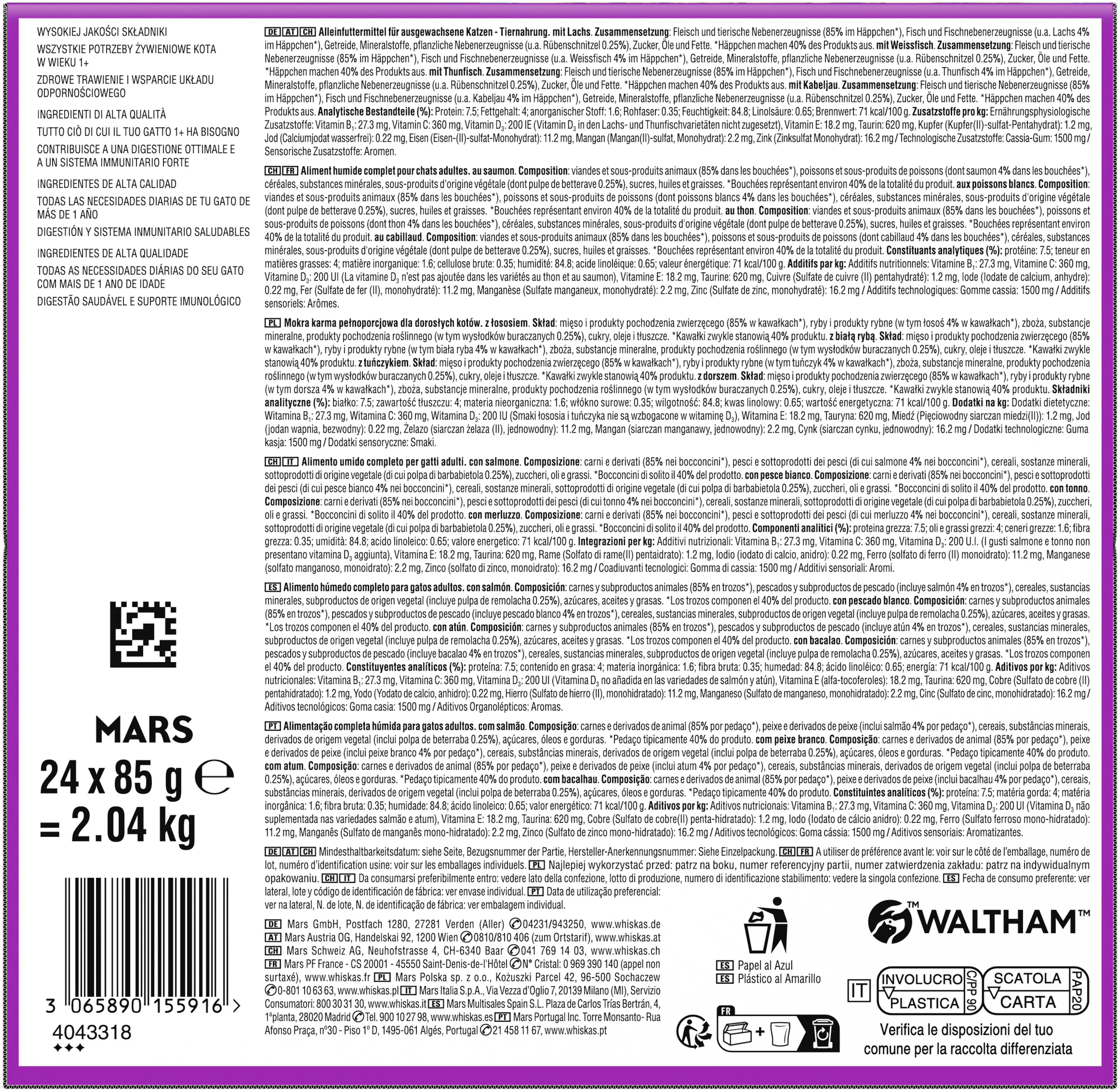 Whiskas Katzennassfutter Adult 24 x 85 g Fischauswahl in Gelee