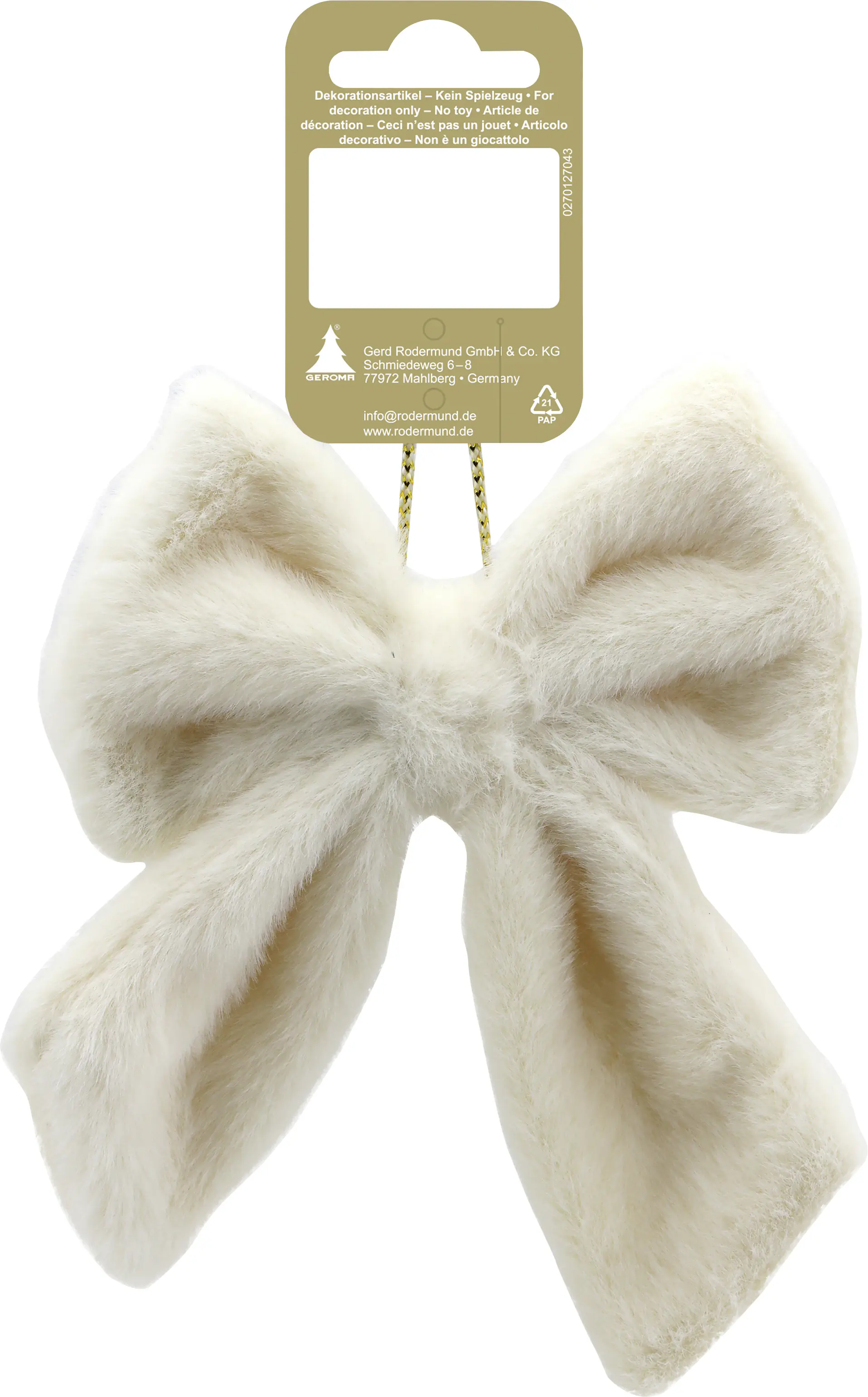 Weihnachtsanhänger Schleife aus Plüsch 15 x 13 cm beige