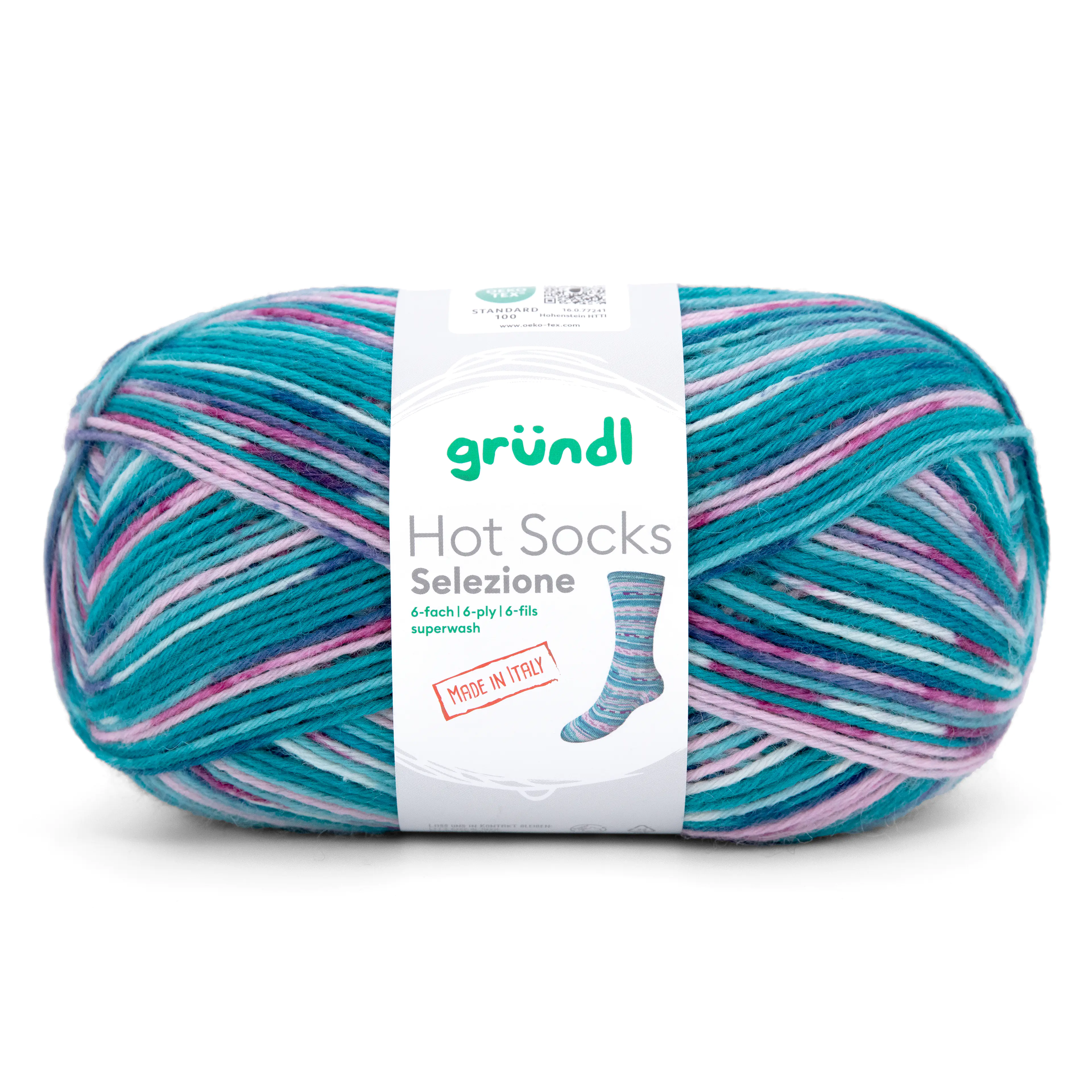 Gründl Sockenwolle Hot Socks 150 g 6-fach, türkisblau-hellrosa-sommerbeere-blaubeere