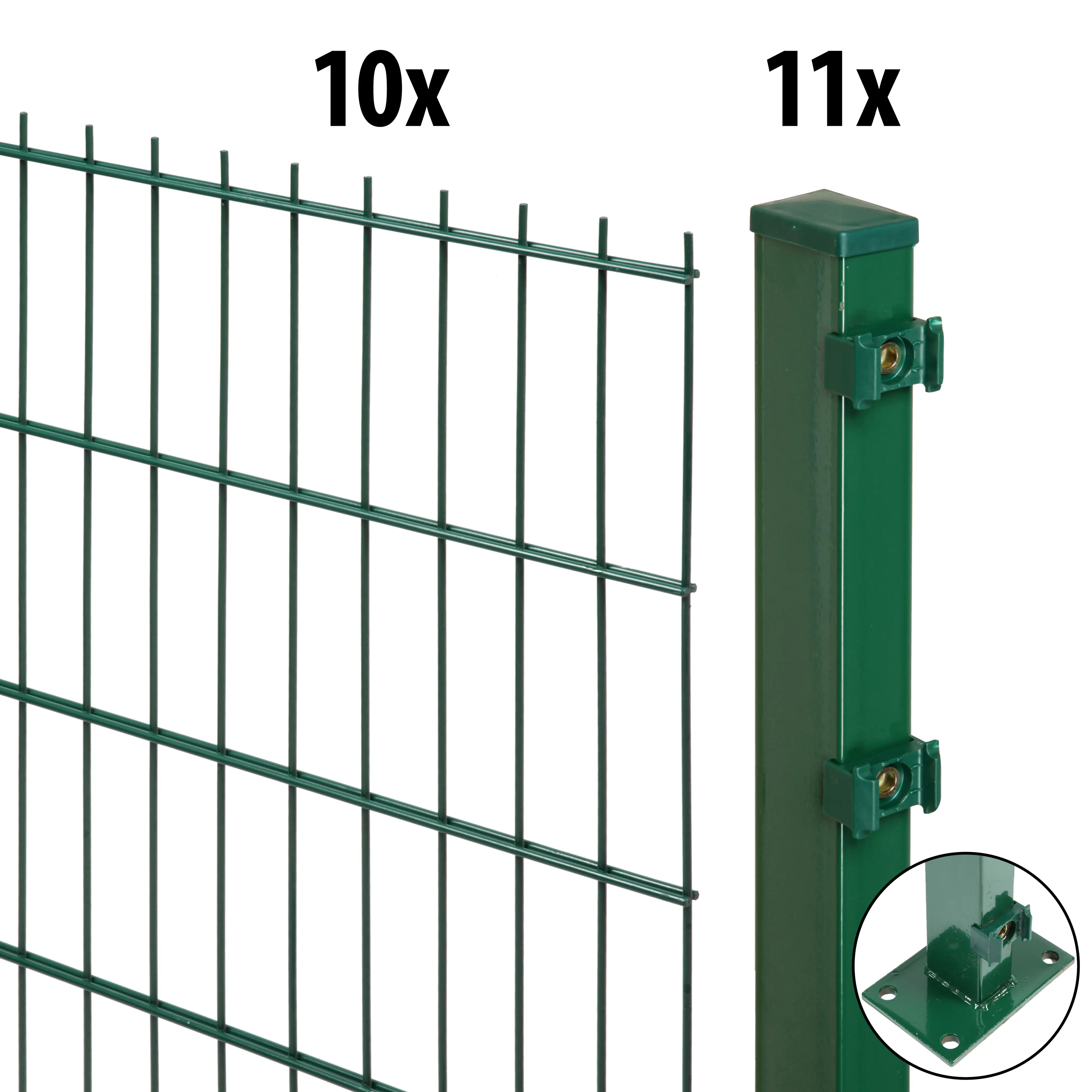 Floraworld Doppelstabmatten-Zaun Set Comfort 20 m 201 x 123 cm mit Bodenplatte & 11 Pfosten 129 cm moosgrün