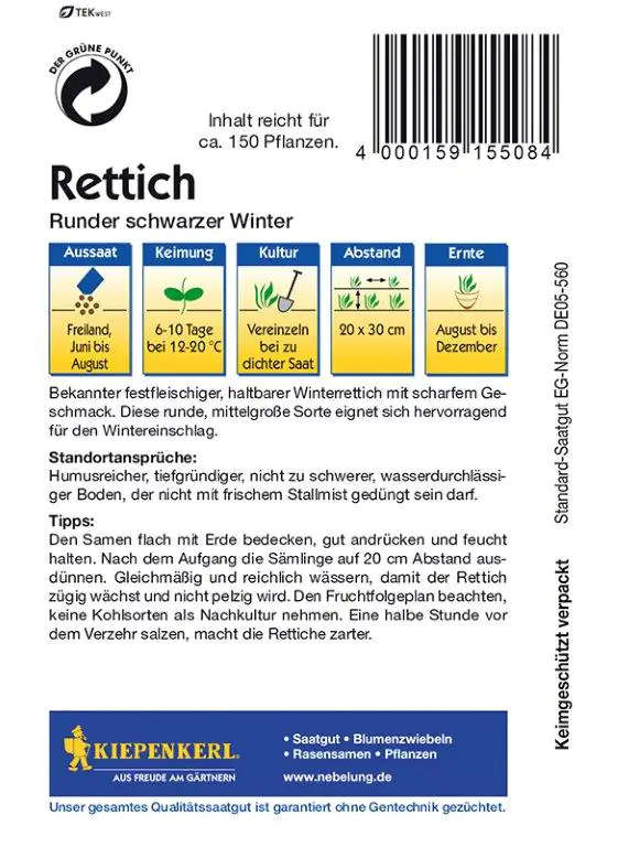 Kiepenkerl Rettich Runder schwarzer Winter Raphanus sativus, Inhalt: ca. 150 Pflanzen