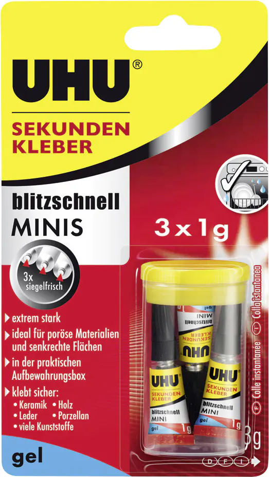 UHU Sekundenkleber blitzschnell Minis 3 x 1 g gel 3 g (3 x 1 g), in der praktischen Box UHU Sekundenkleber blitzschnell Minis 3 x 1 g gel 3 g (3 x 1 g), in der praktischen Box