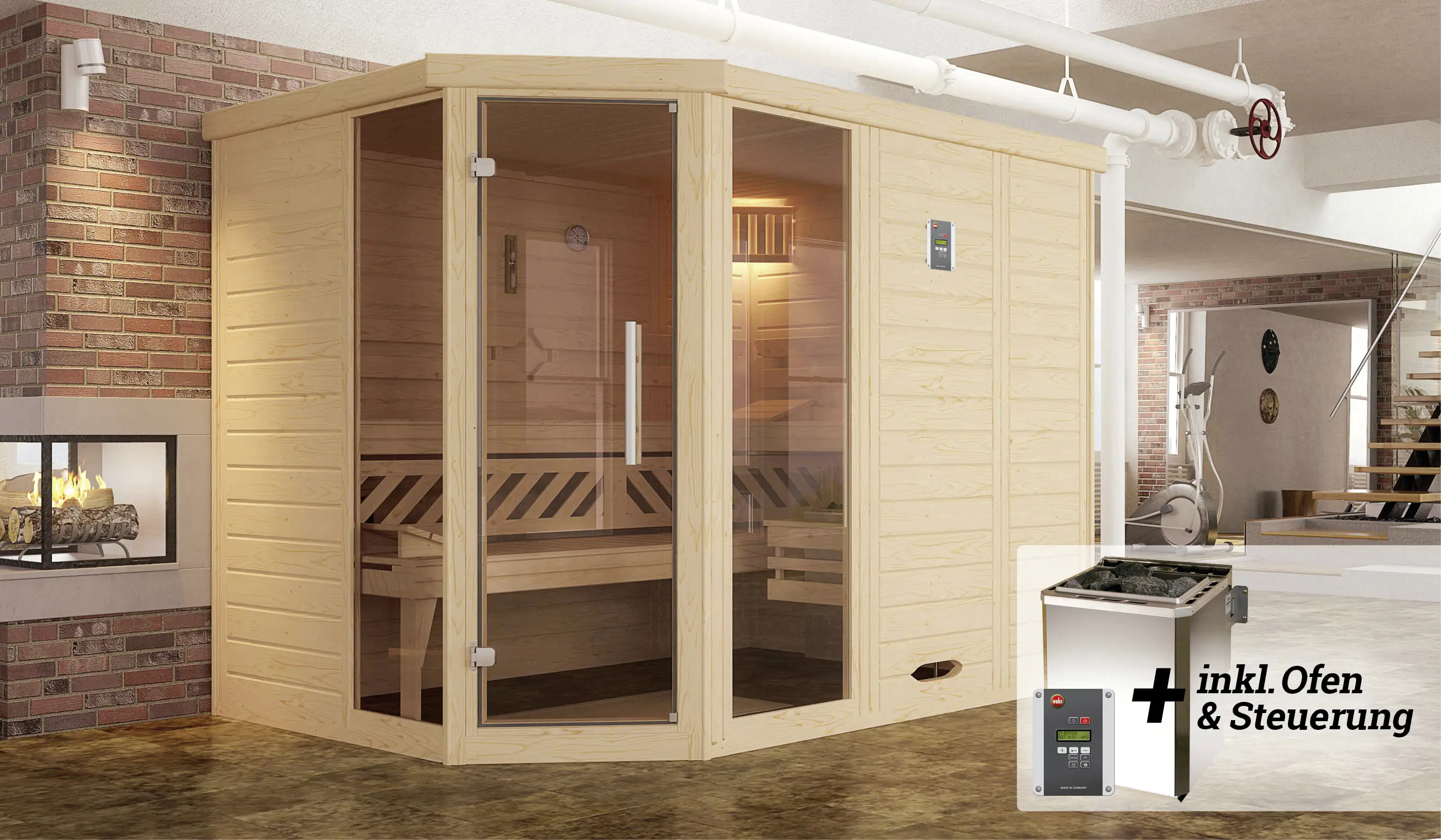 Weka Premium Massivholz-Elementsauna Kemi Eck Gr. 3 Sparset 7,5 kW BioS
