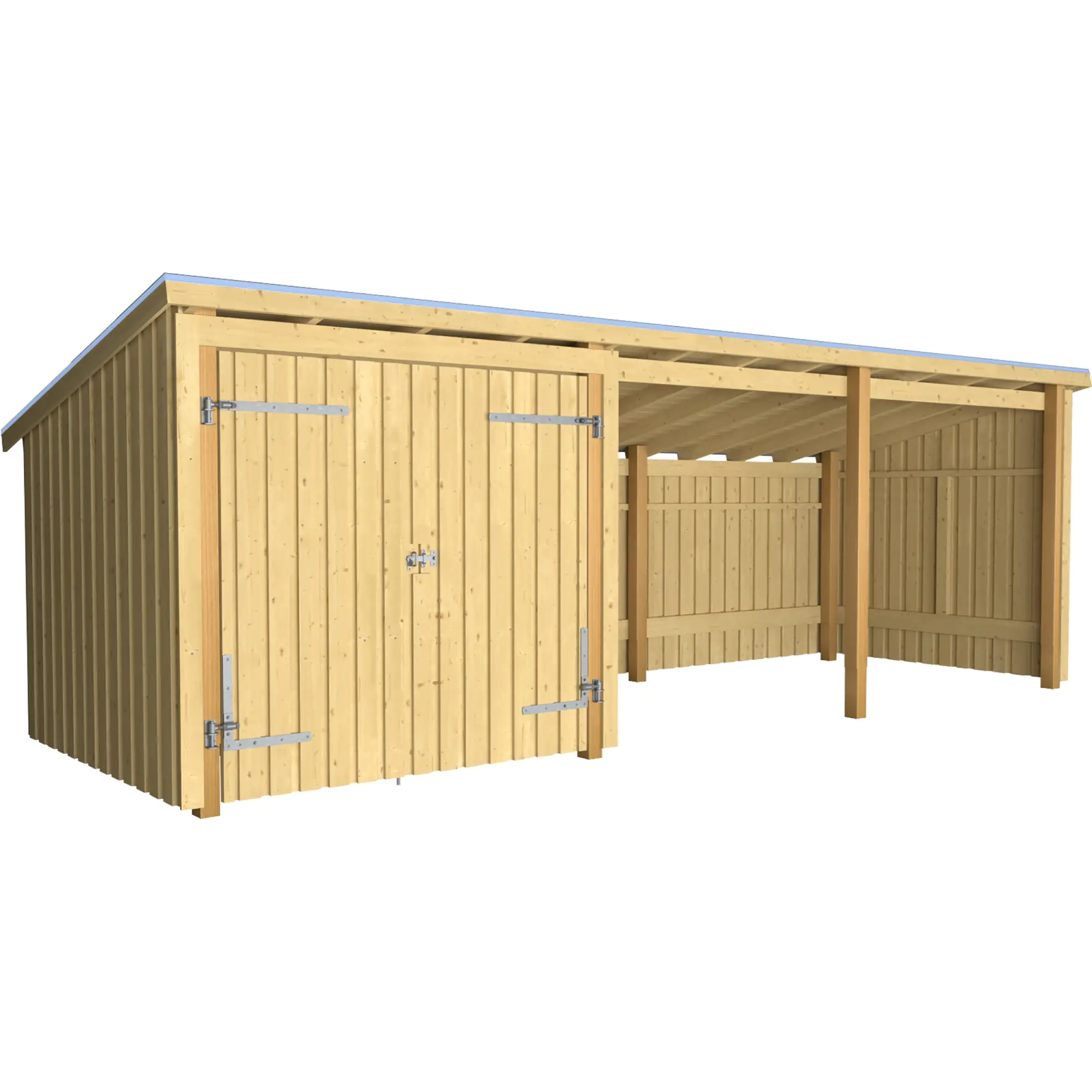 Plus Gartenhaus Nordic Multi 619 x 208 cm natur mit Doppeltür, offen, Dachpappe