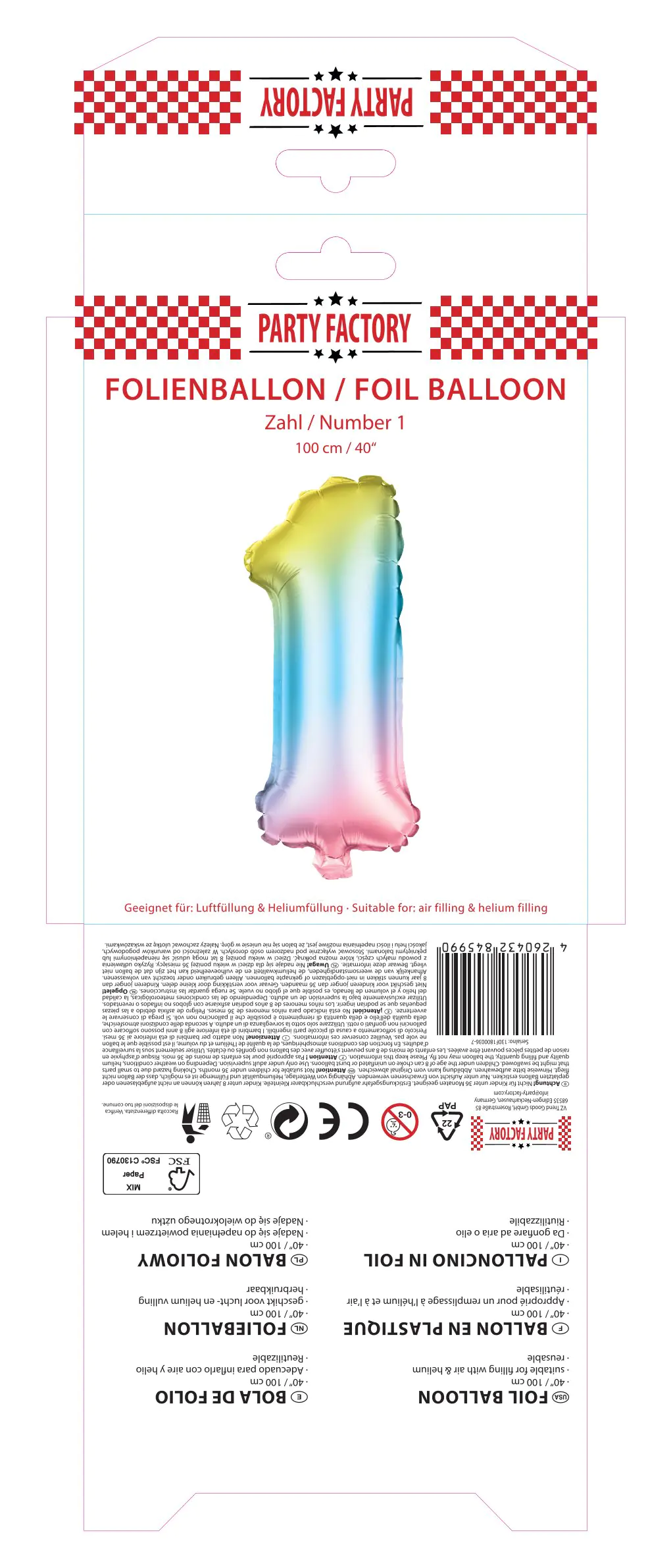 Folienballon Zahl 1 bunt 100 cm