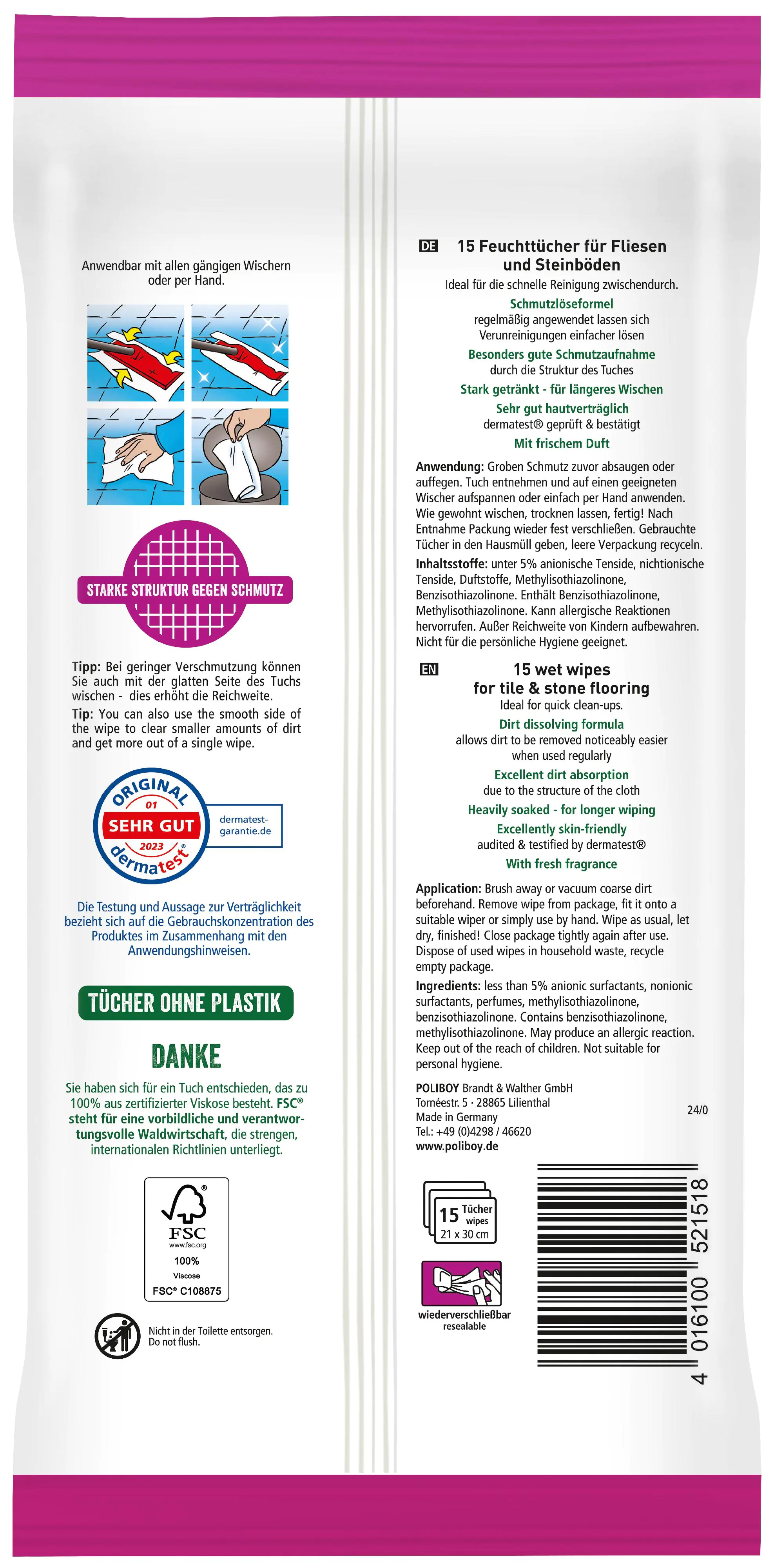 Poliboy Fliesenfeuchttücher 15 Stück Poliboy Fliesenfeuchttücher 15 Stück