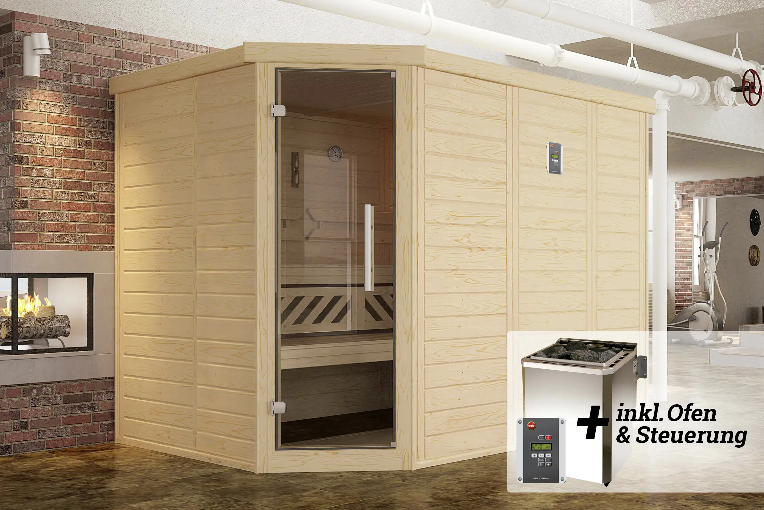 Weka Premium Massivholz-Elementsauna Kemi Eck Gr. 3 Sparset 7,5 kW BioS