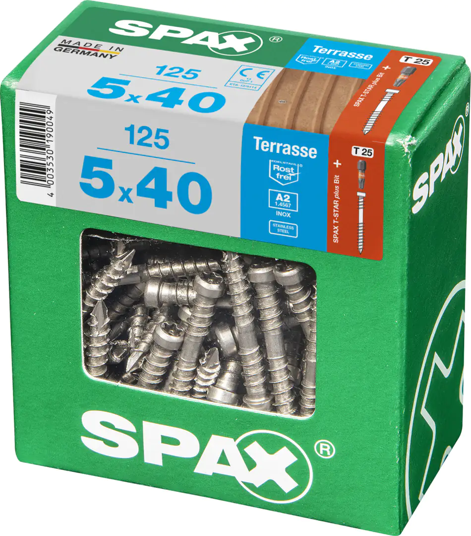 Spax Terrassenschrauben 5.0 x 40 mm TX 25 - 125 Stk. Spax Terrassenschrauben 5.0 x 40 mm TX 25 - 125 Stk.