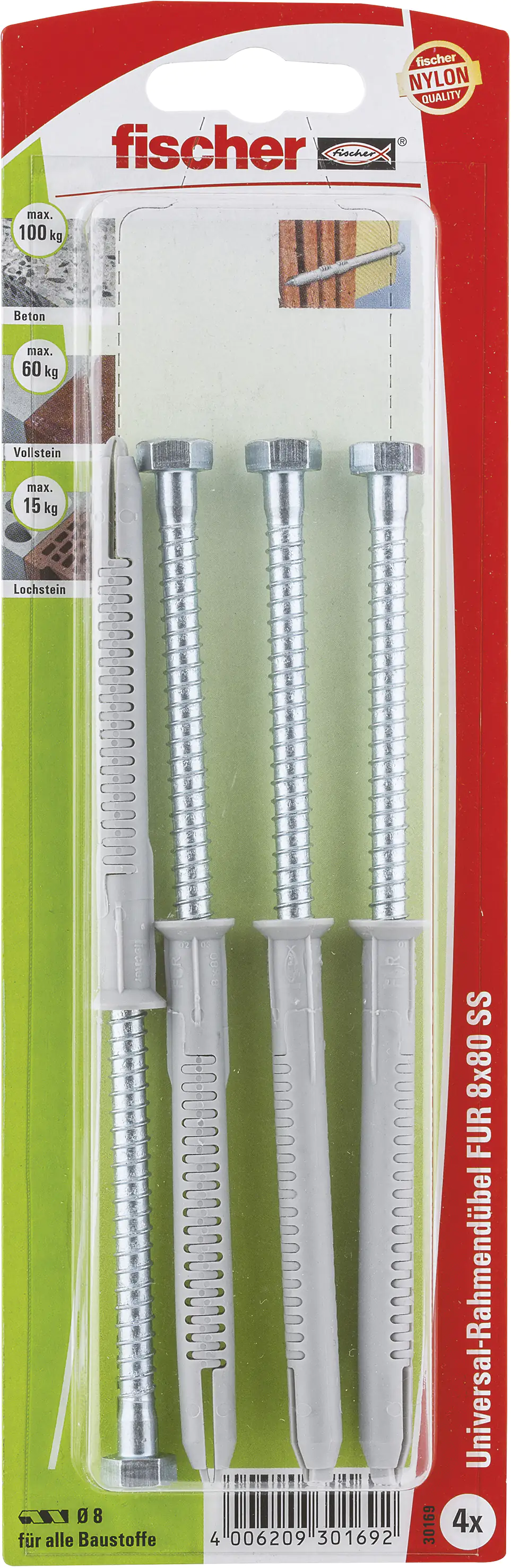 4006209301692 Fischer Langschaftdübel SXRL 8.0 x 80 mm - 4 Stück