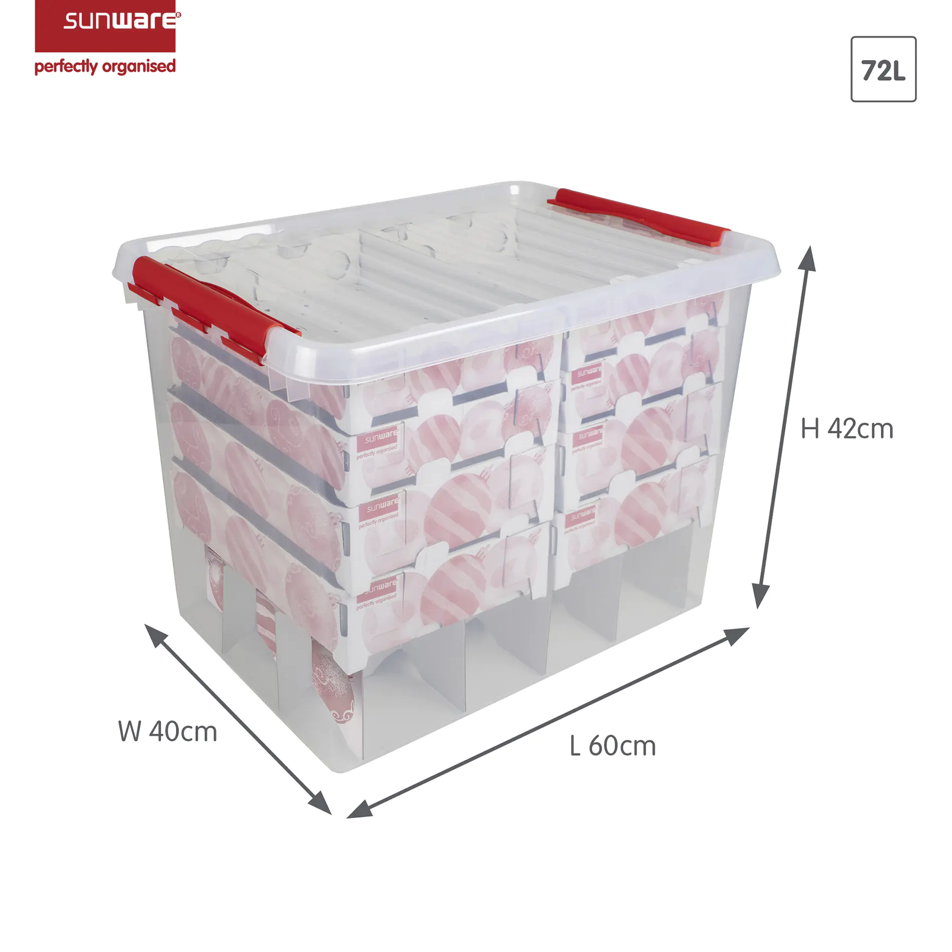 Sunware Weihnachtsbox Q-line 72L mit Einsatz für 128 Kugeln transparent rot