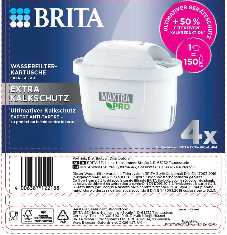 Brita Wasserfilterkartusche MAXTRA PRO EXTRA KALKSCHUTZ, 4er-Pack
