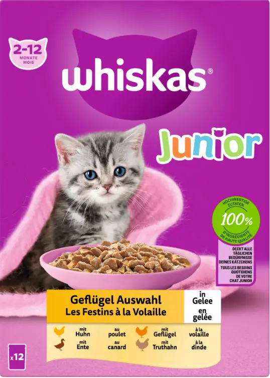 Whiskas Mulitpack Junior Geflügelauswahl in Gelee Katzenfutter 12 x 85 g
