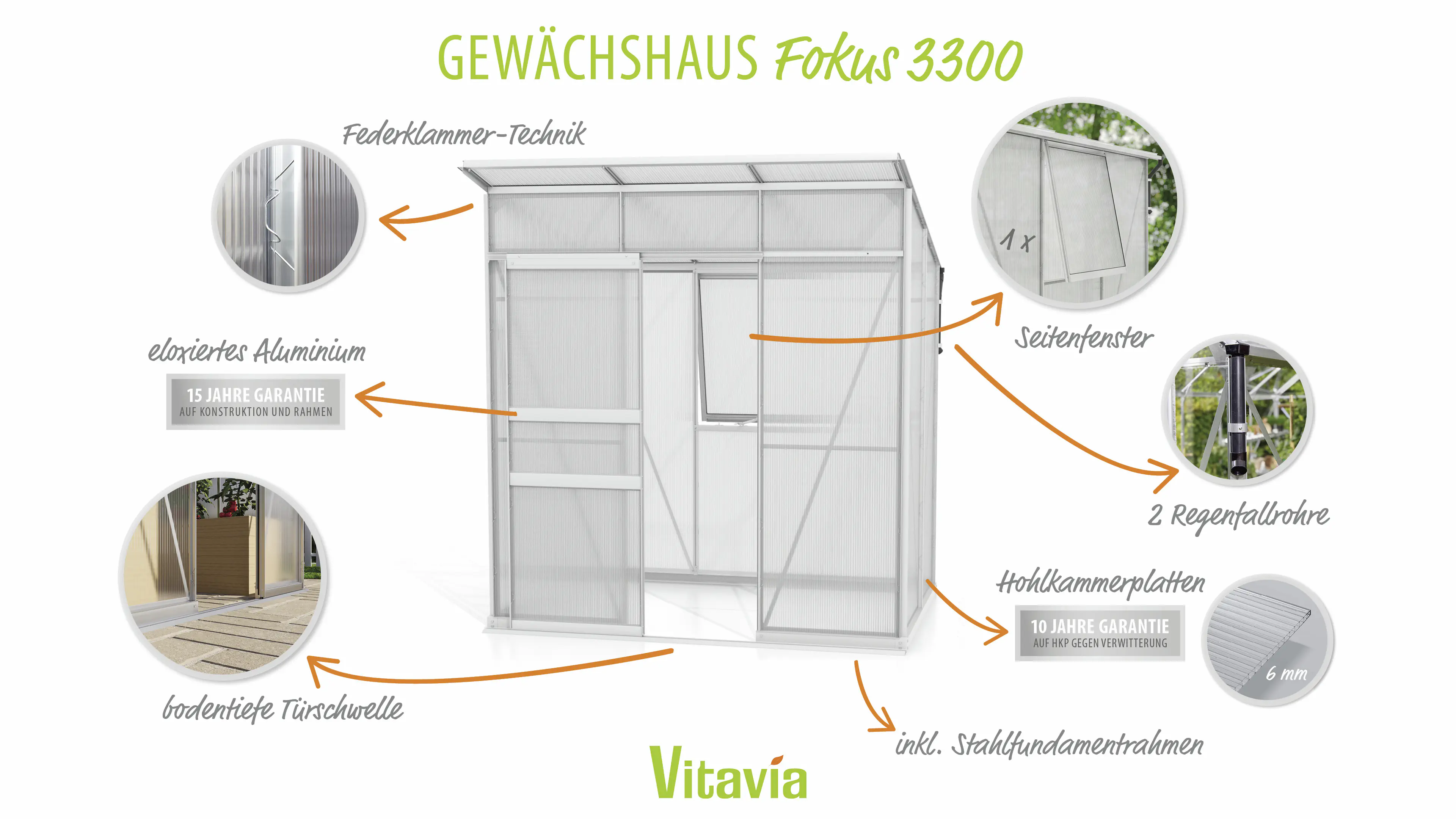 Vitavia Gewächshaus-Set Fokus 3250 HKP 6 mm alu 192 x 130 cm 