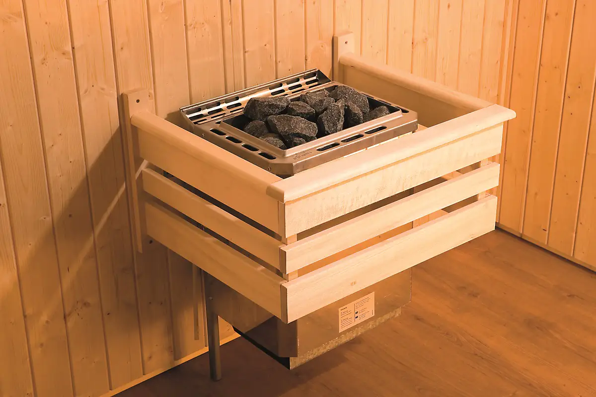 Weka Element-Ecksauna Kiruna 1 mit Glastür und Kompakt BioS Saunaofen Weka Element-Ecksauna Kiruna 1 mit Glastür und Kompakt BioS Saunaofen